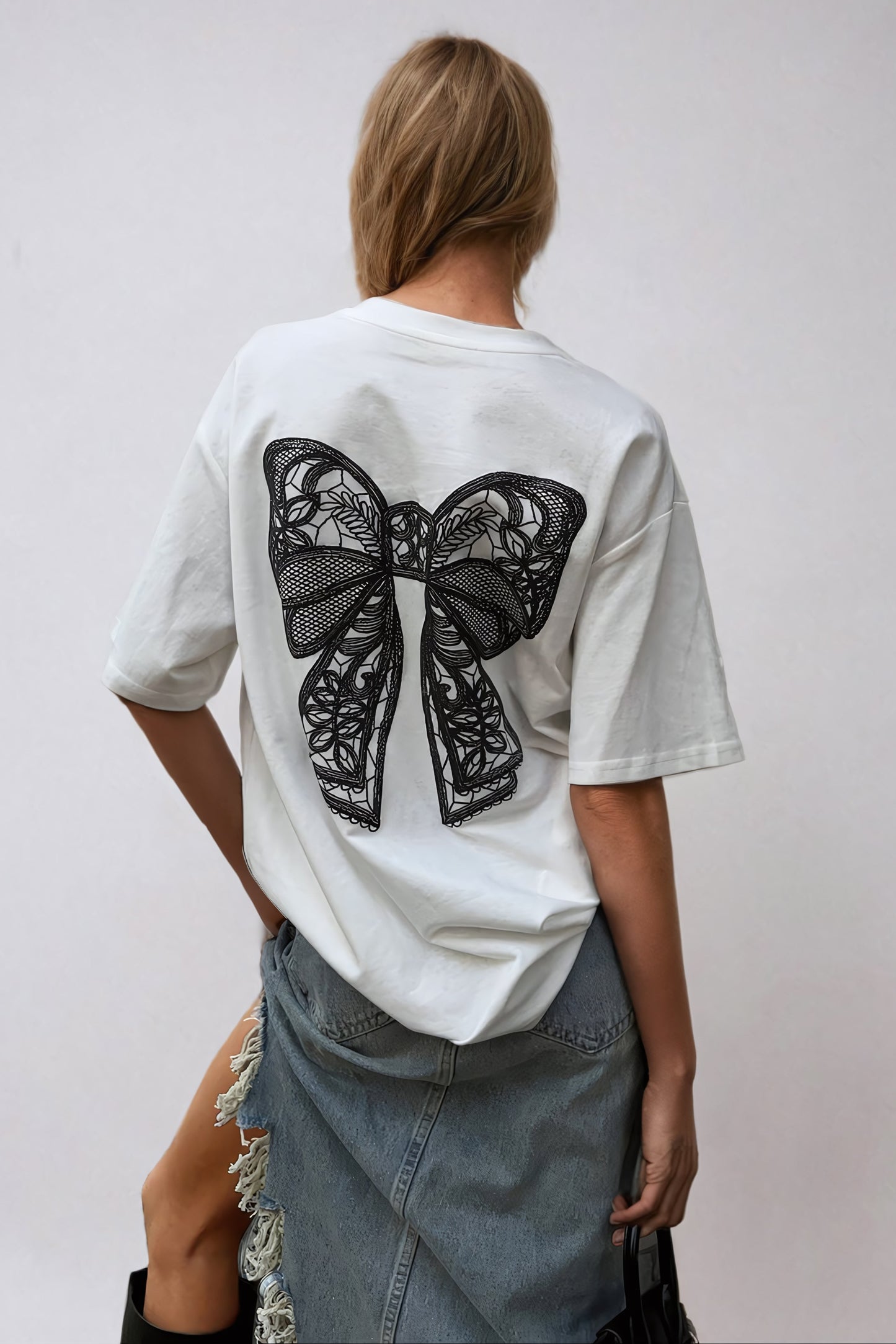 Oversized T-shirt with Lace Bow and Butterfly Embellishments - White