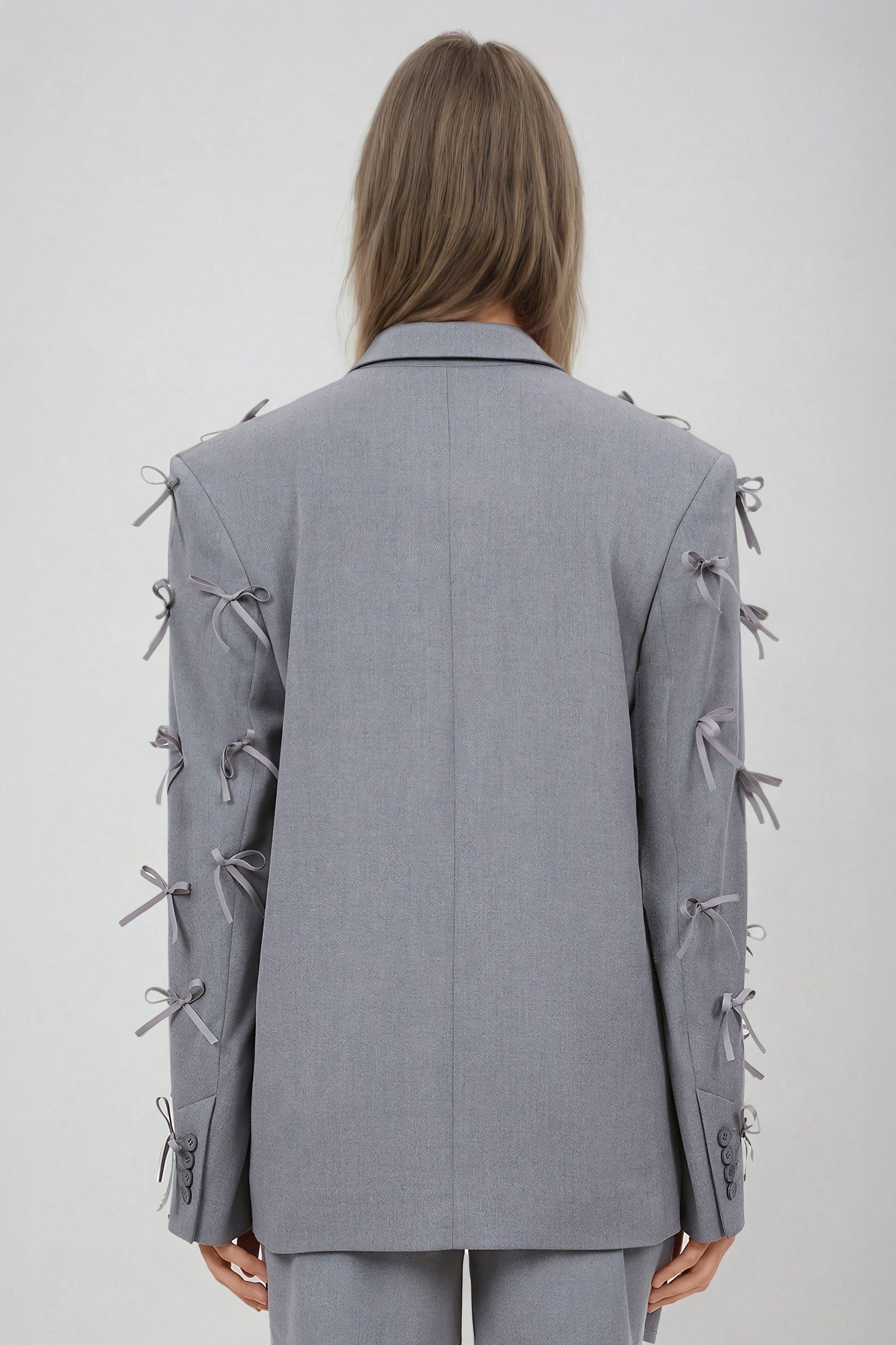 Bow-Accented Blazer with Deep V-Neckline - Gray