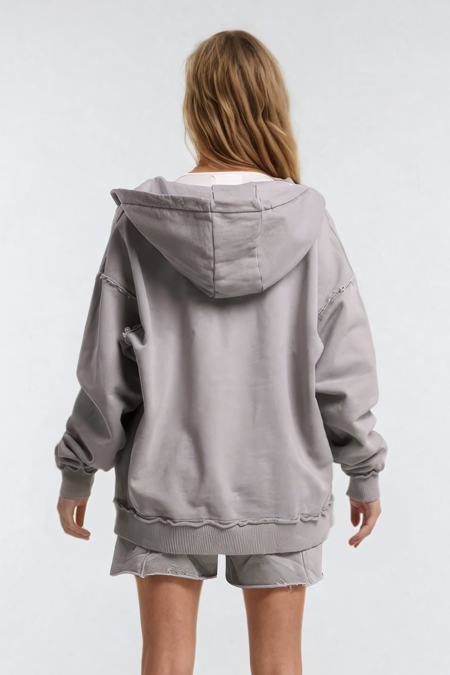 Distressed Hoodie with Raw Hem Detailing - Gray