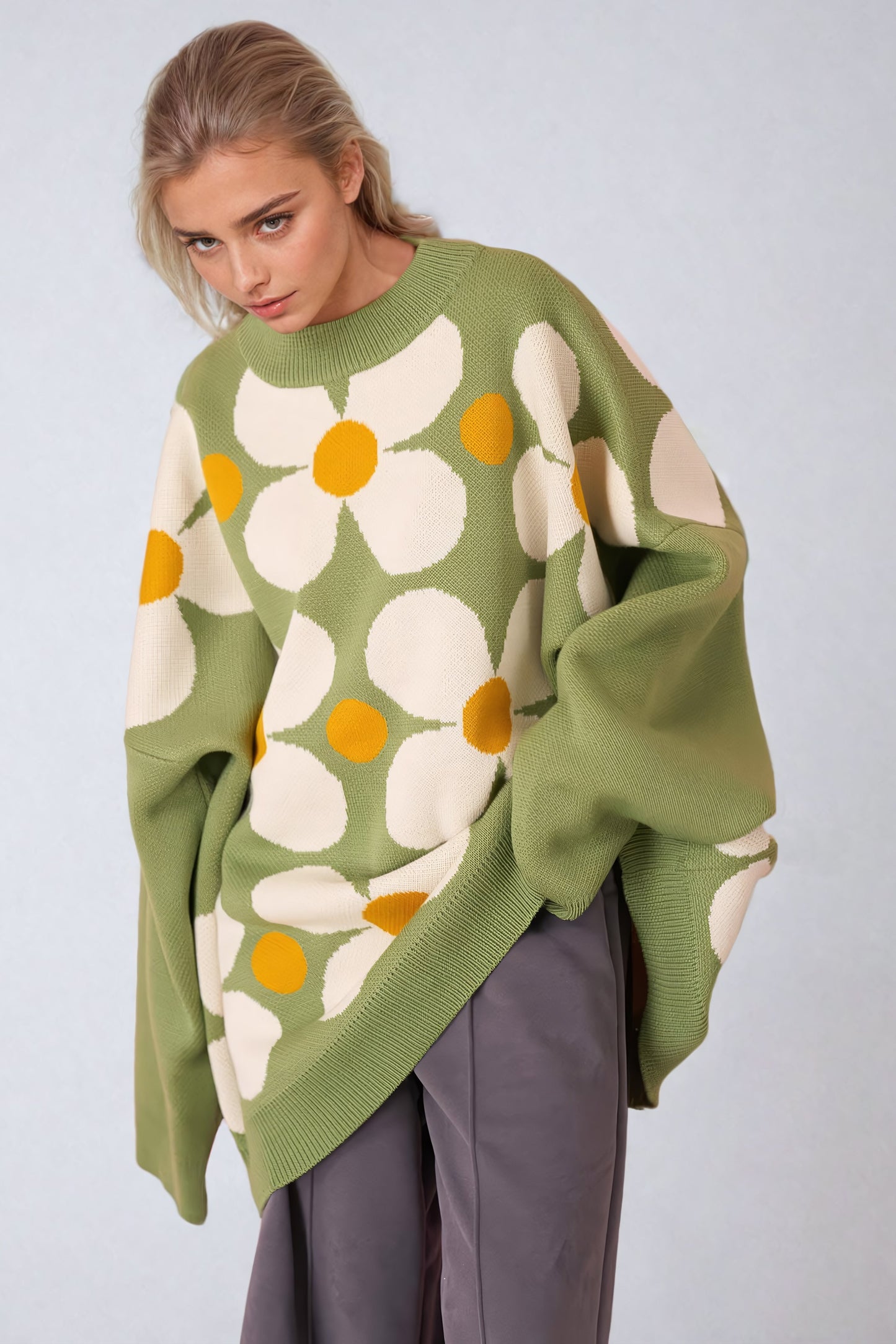 Oversized Floral Knit Sweater - Green