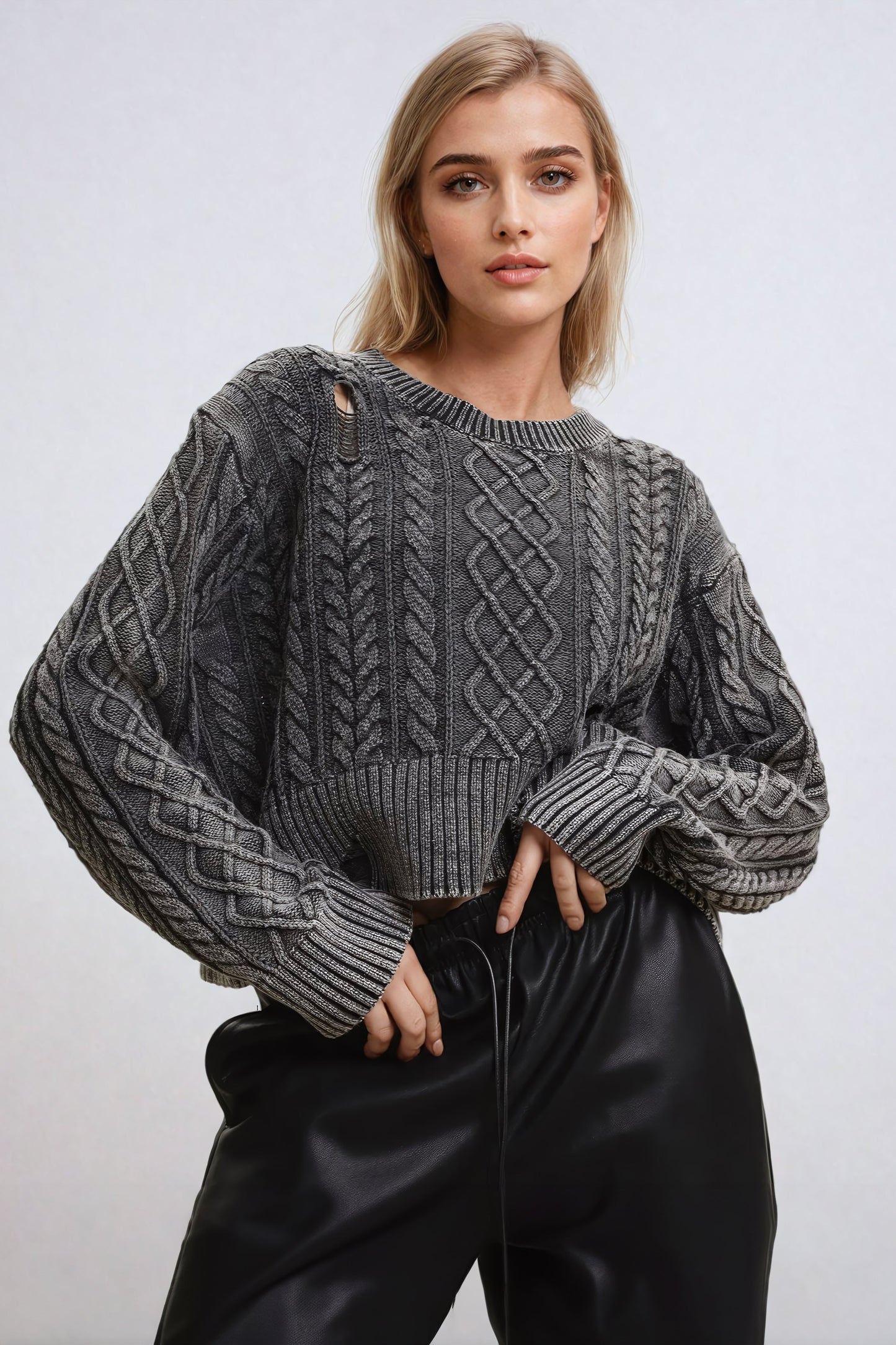 Cropped Cable-Knit Sweater - Dark Gray