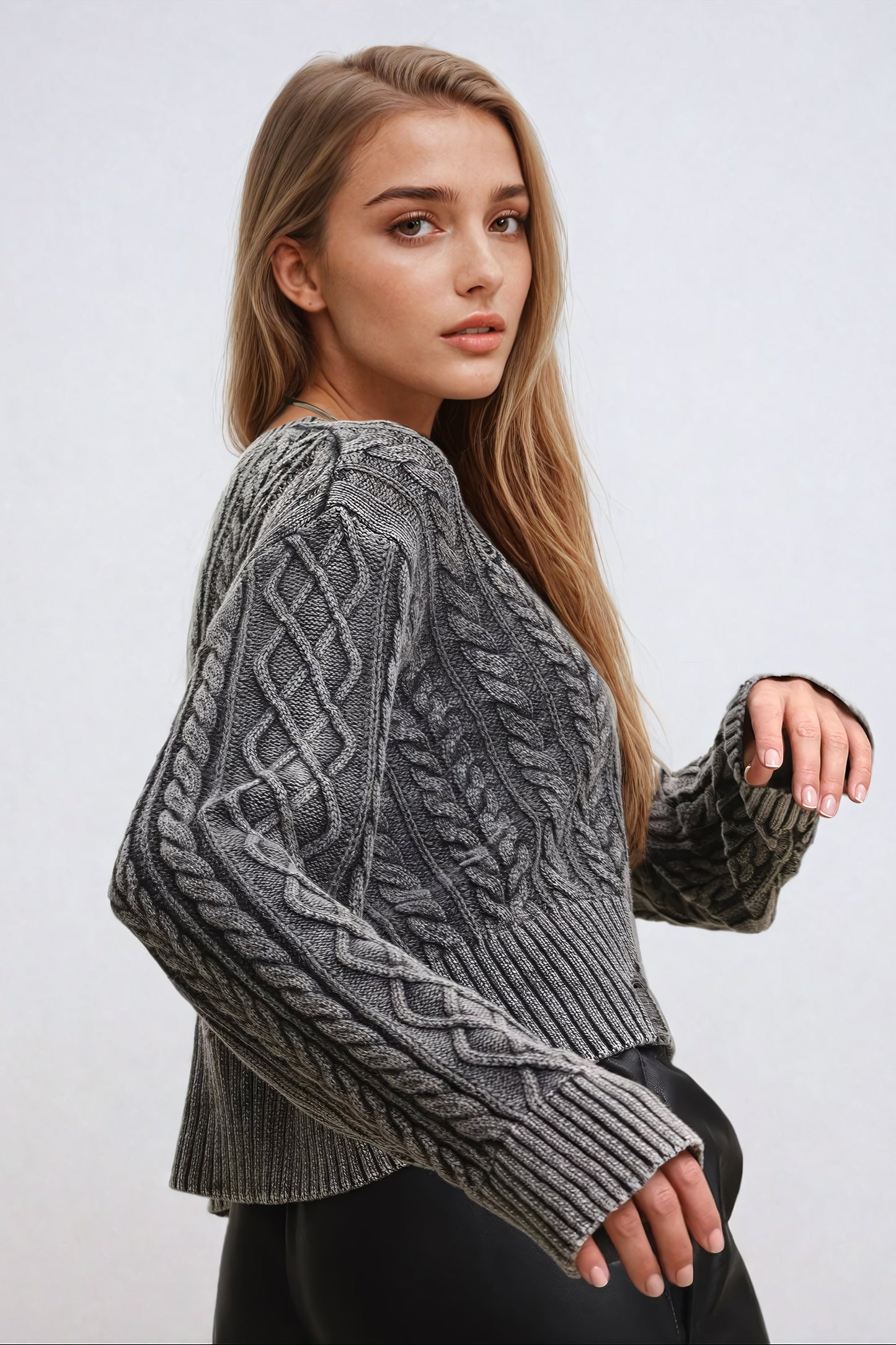 Cropped Cable-Knit Sweater - Dark Gray