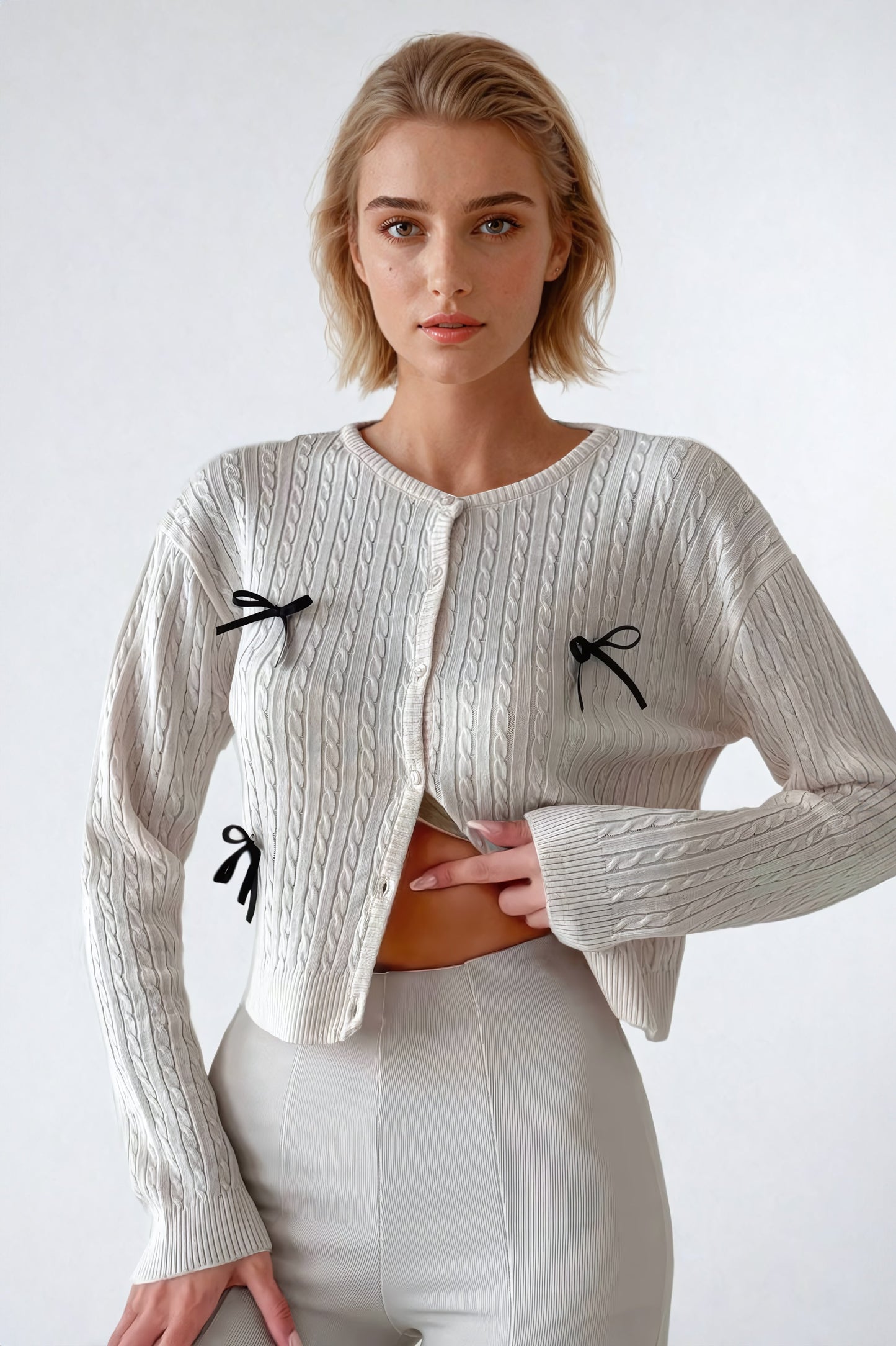 Knitted Cardigan with Bow Detailing and Crew Neckline - White