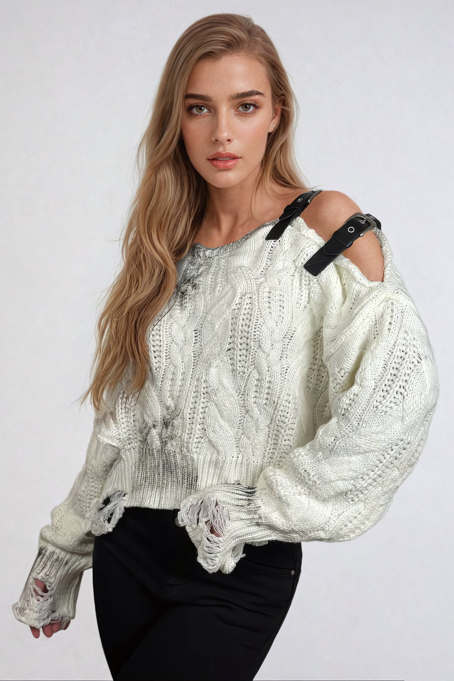 Distressed Cable-Knit Sweater with Strap Detailing - White