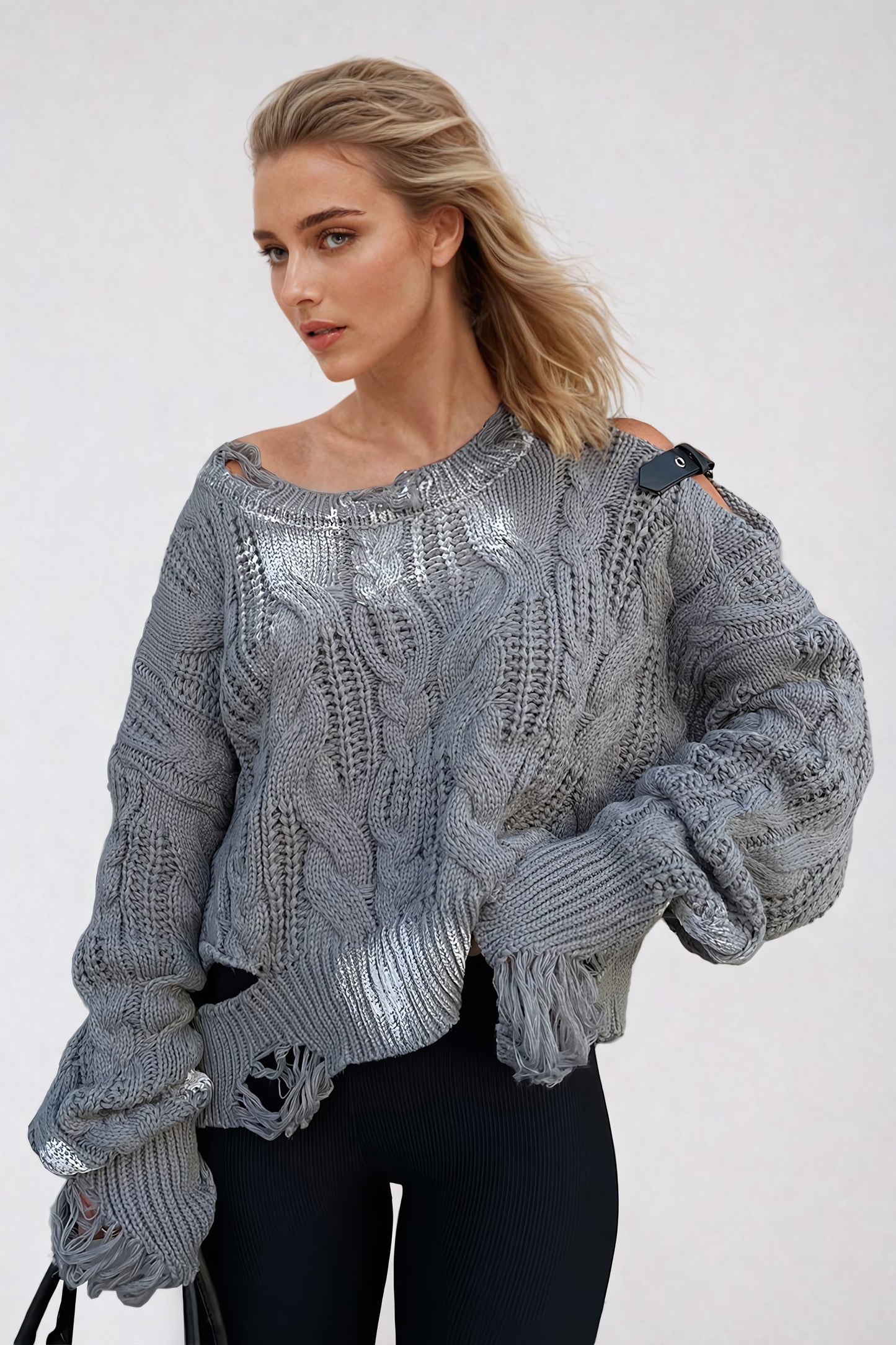 Distressed Cable-Knit Sweater with Strap Detailing - Gray