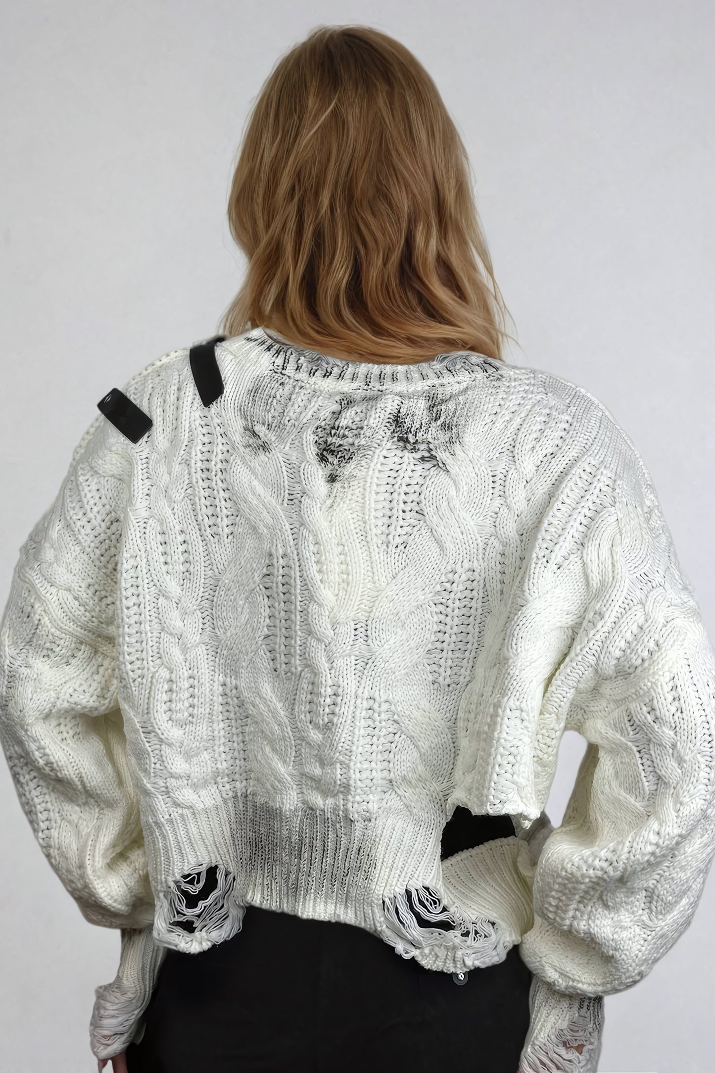 Distressed Cable-Knit Sweater with Strap Detailing - White