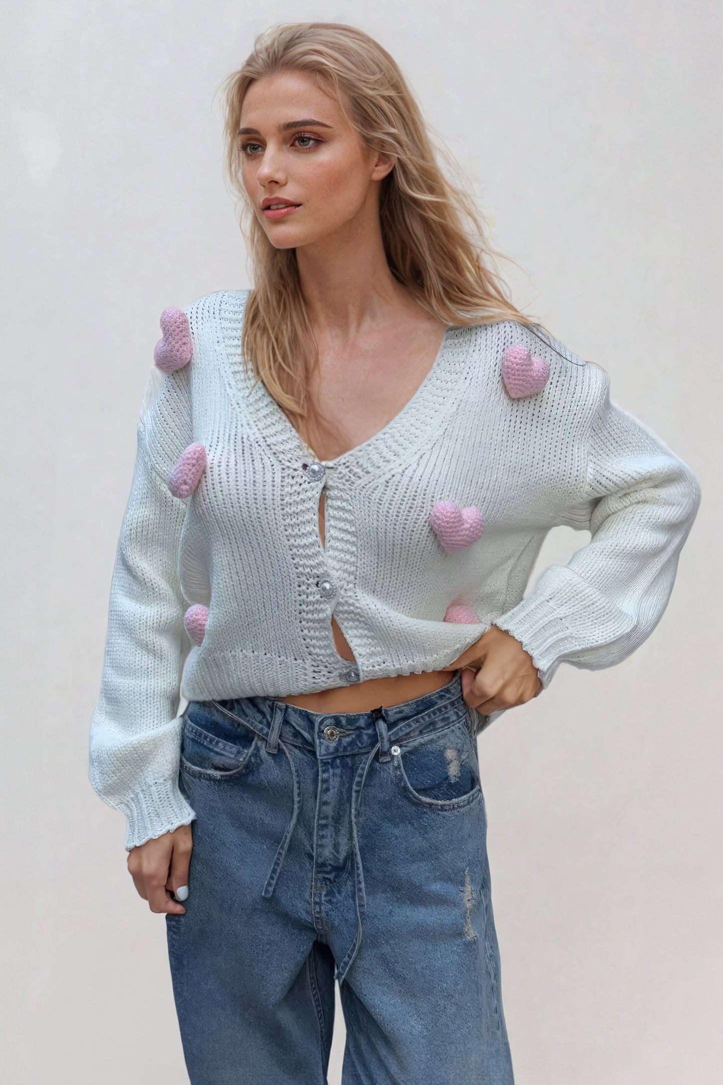 Cropped Knit Cardigan with 3D Heart Accents - White