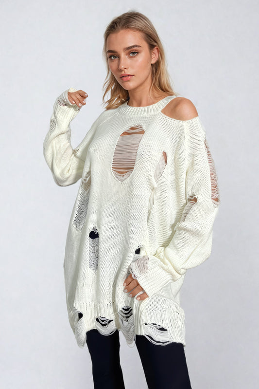 Distressed Knit Sweater with Cut-Out Details - White