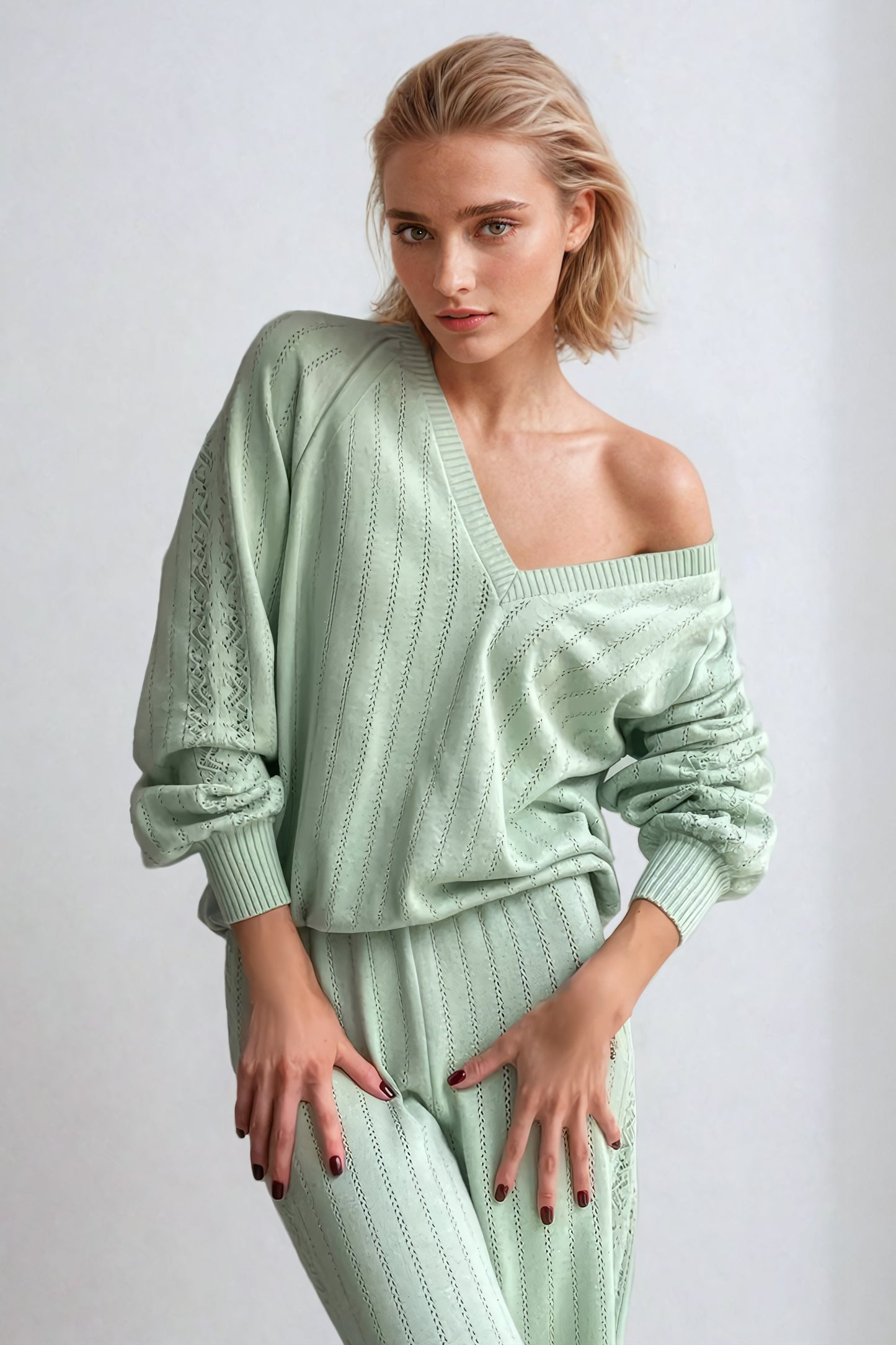 V-Neckline Lace Sweater and Trousers Co-Ord Set - Green