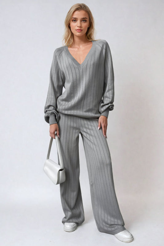 V-Neckline Lace Sweater and Trousers Co-Ord Set - Gray