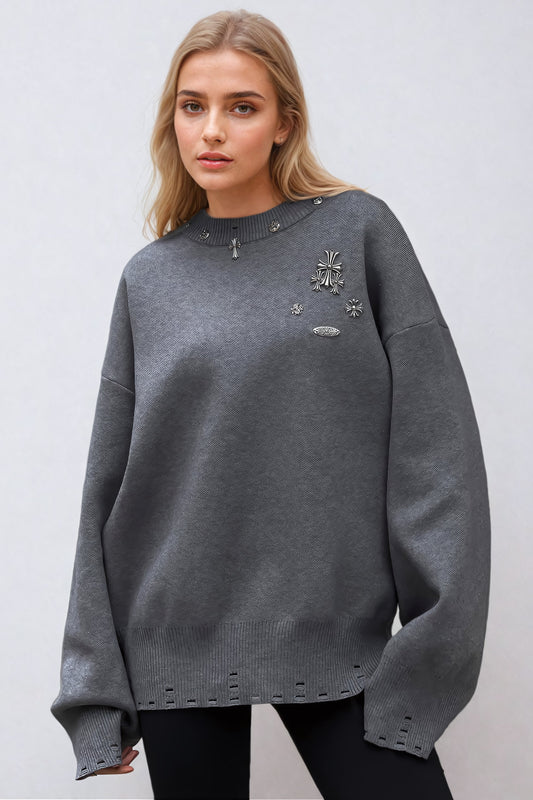 Embellished Crew Neck Sweater with Cutout Detailing - Dark Gray