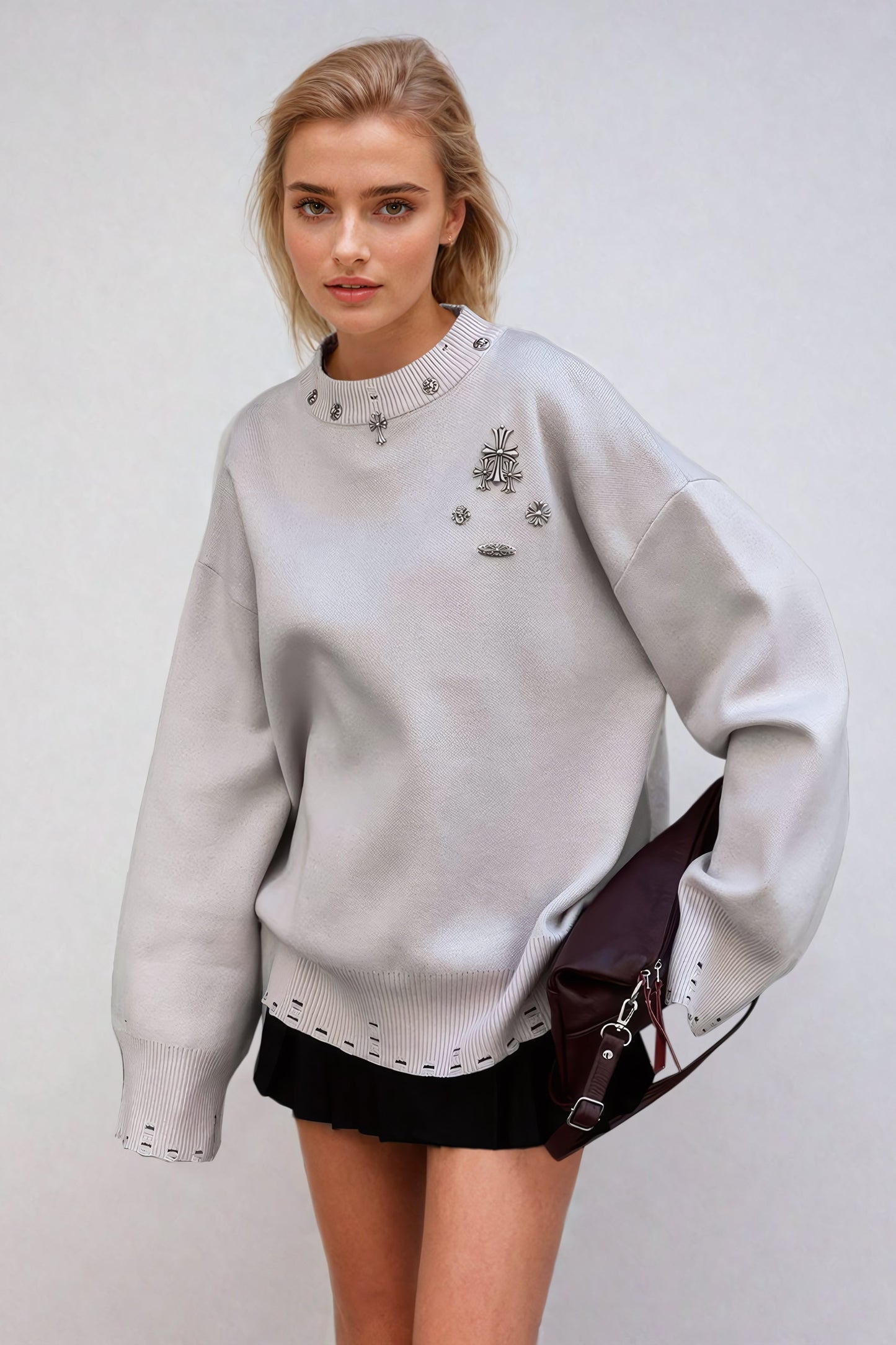 Embellished Crew Neck Sweater with Cutout Detailing - Light Gray