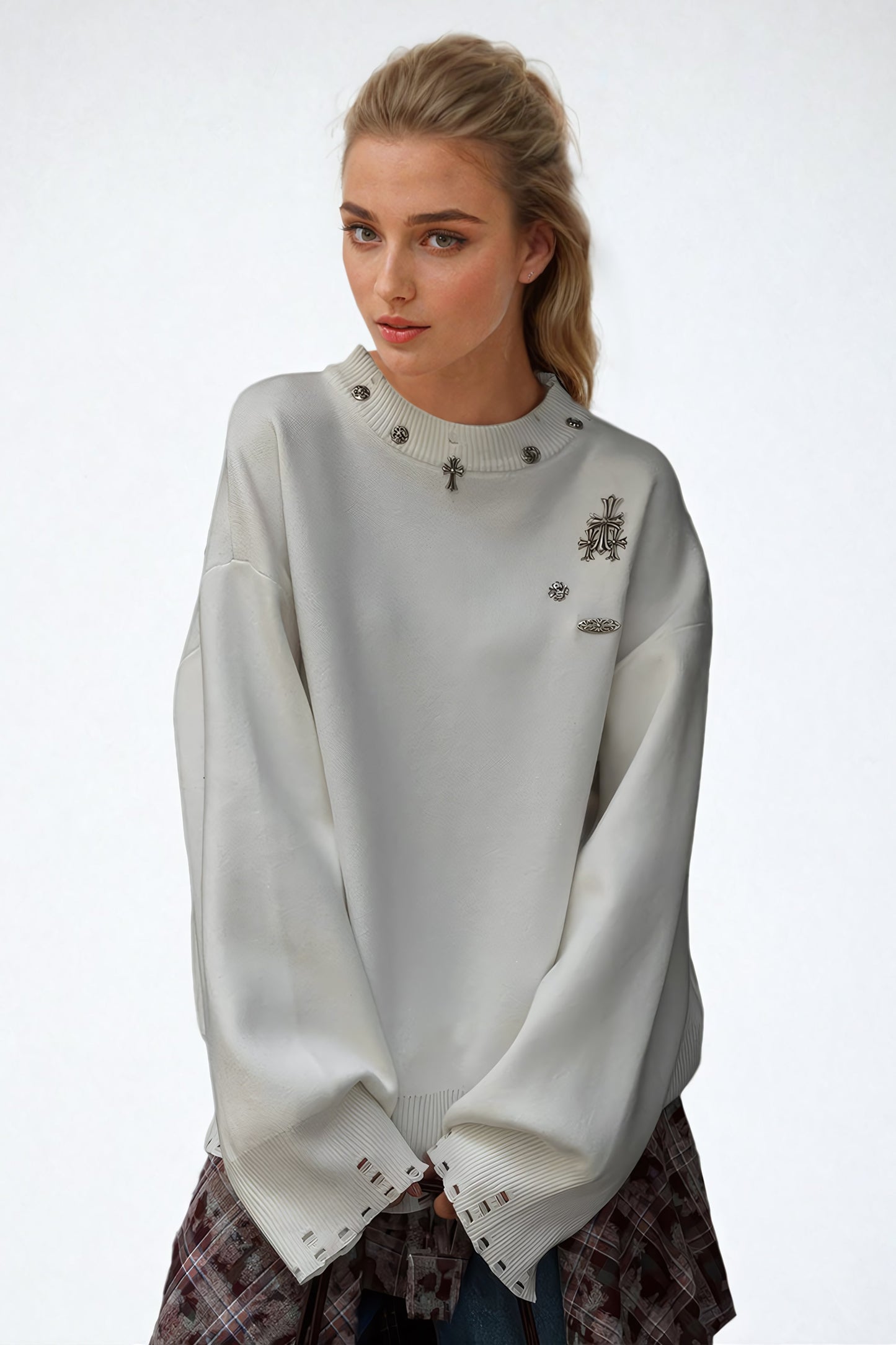 Embellished Crew Neck Sweater with Cutout Detailing - White