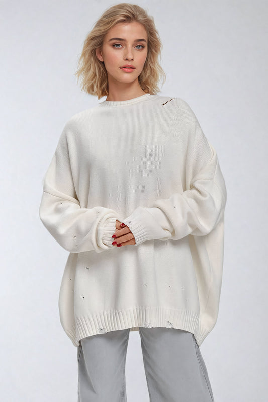 Distressed Knit Sweater with Minimal Detailing - White