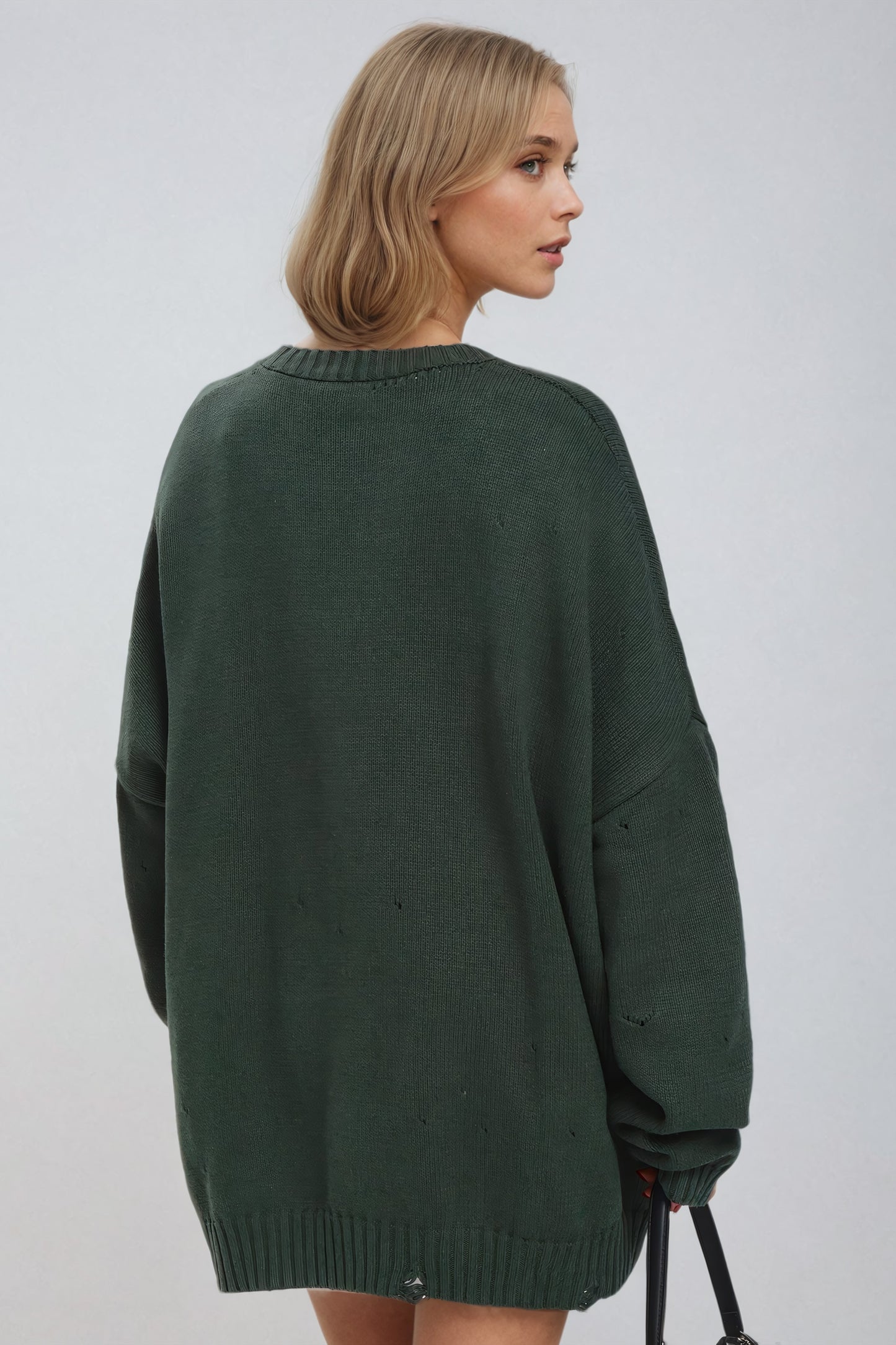 Distressed Knit Sweater with Minimal Detailing - Green