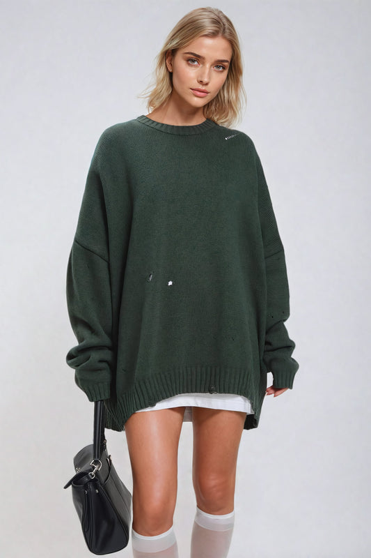 Distressed Knit Sweater with Minimal Detailing - Green