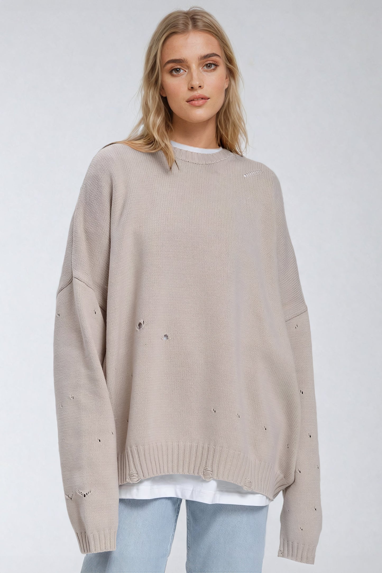 Distressed Knit Sweater with Minimal Detailing - Beige