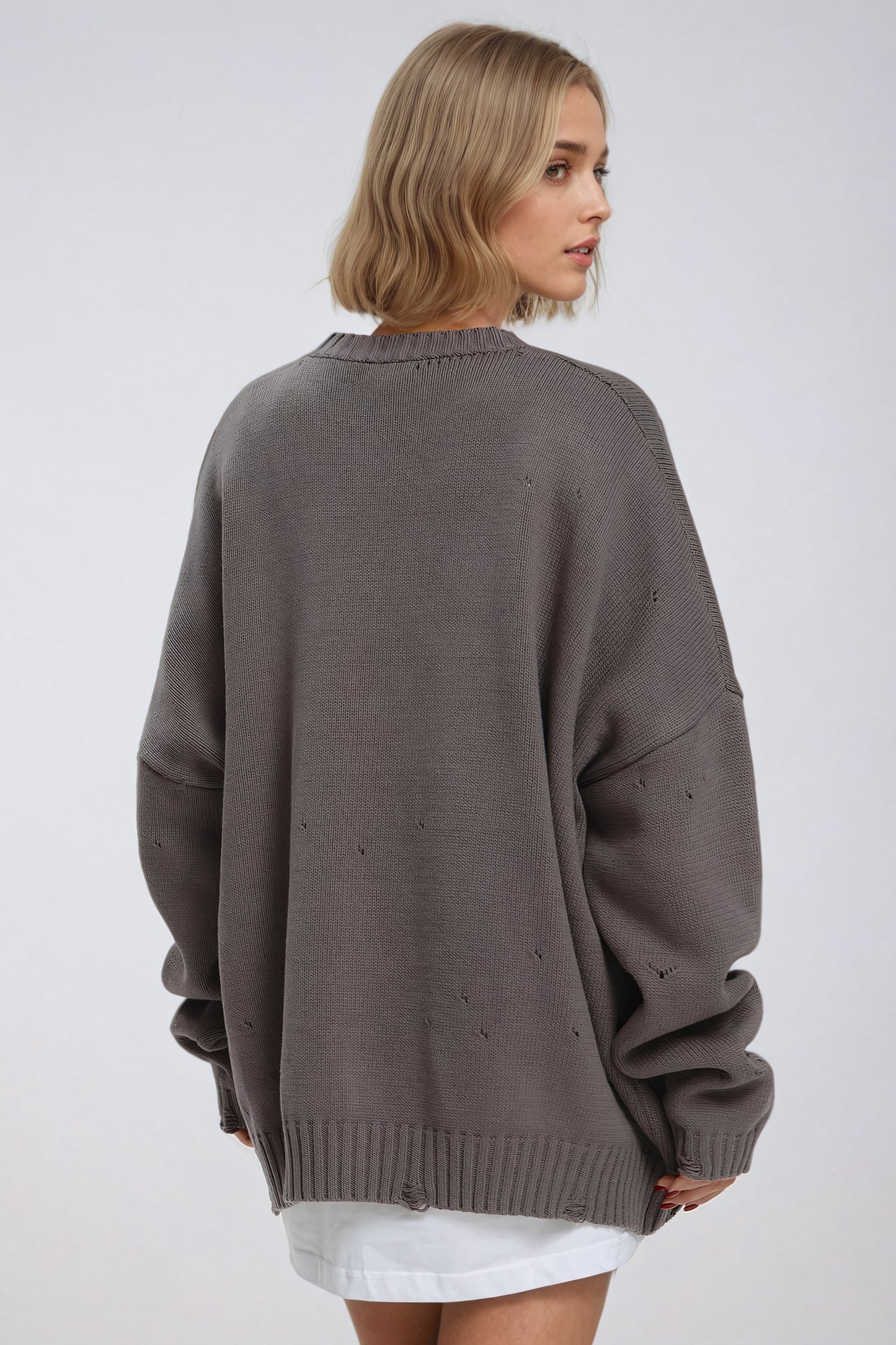 Distressed Knit Sweater with Minimal Detailing - Gray