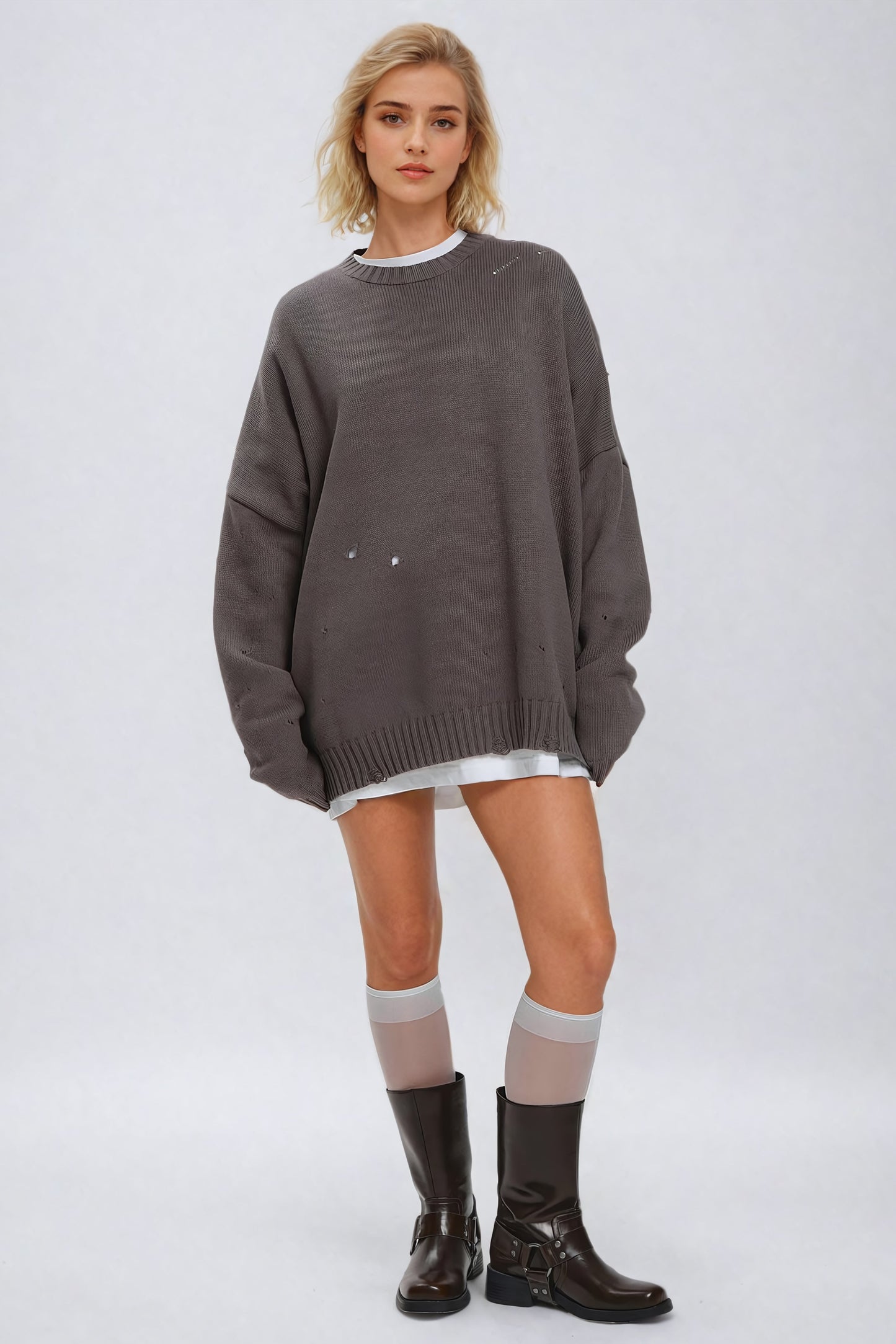 Distressed Knit Sweater with Minimal Detailing - Gray