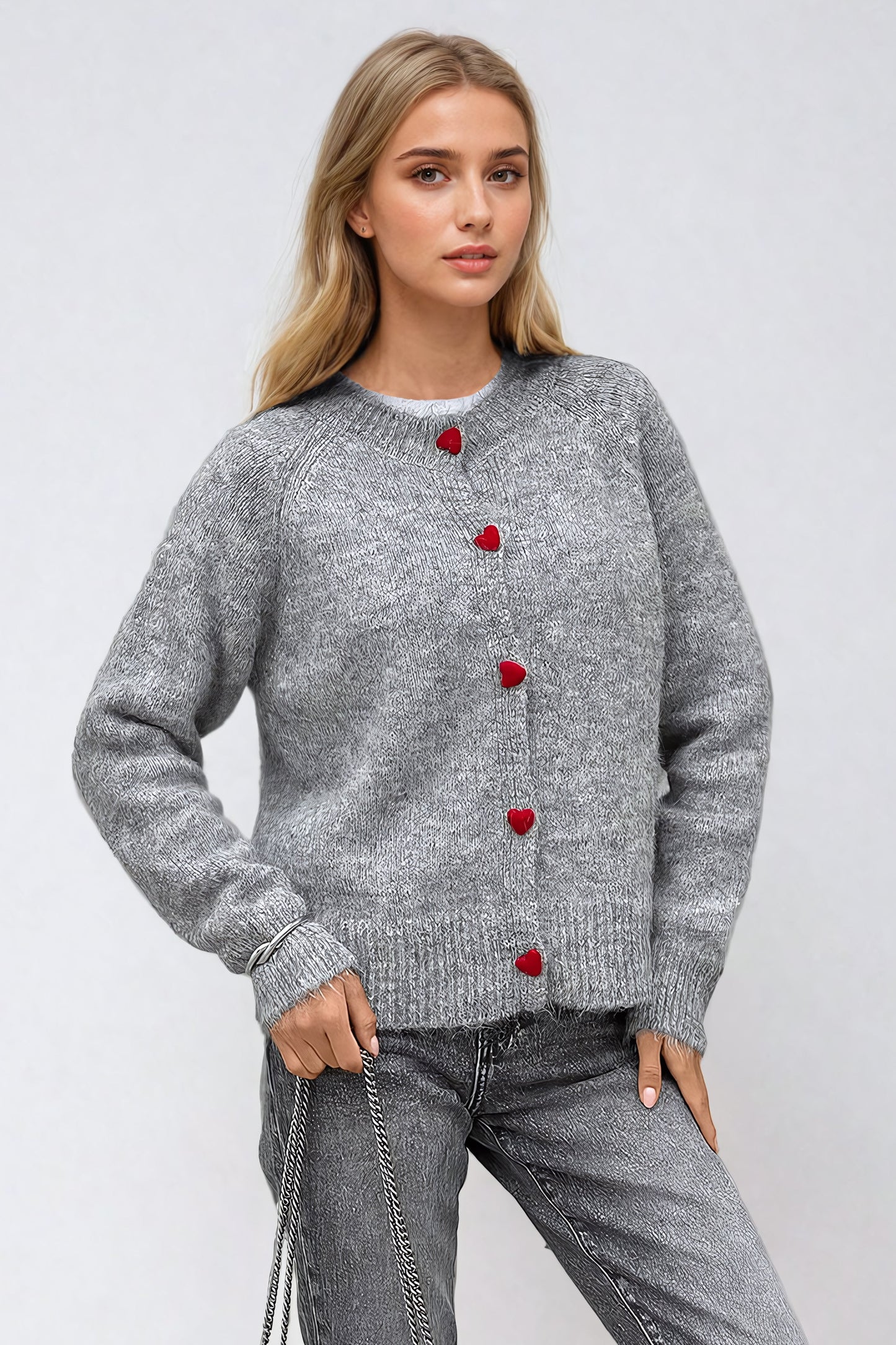 Heart Button Accent Cozy Knitted Sweater - Dark Gray