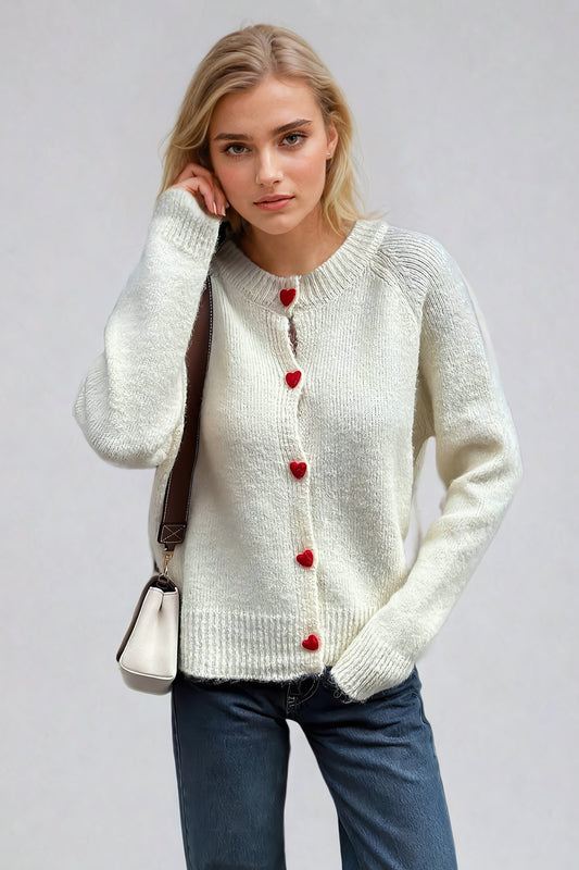 Heart Button Accent Cozy Knitted Sweater - Beige