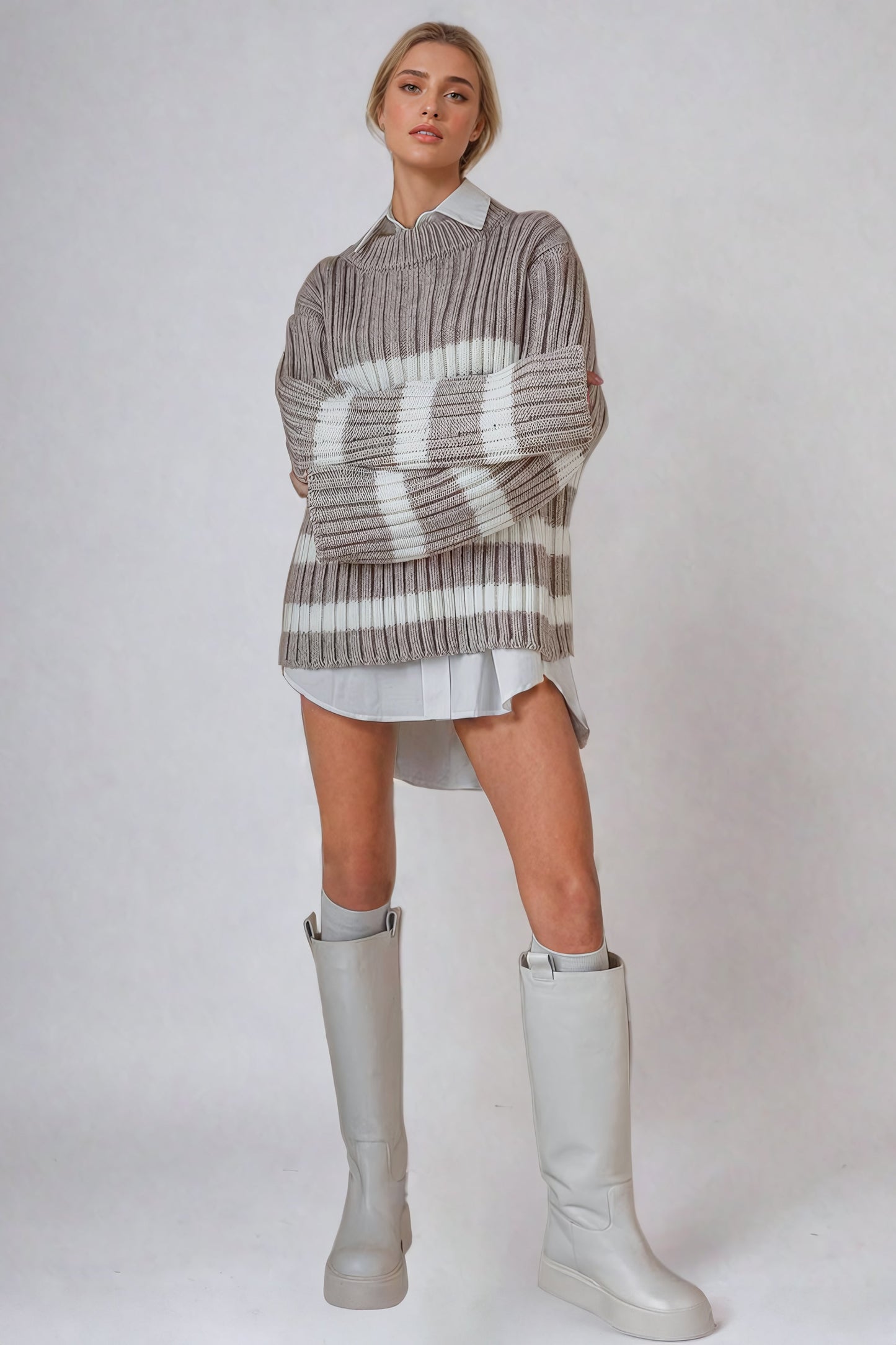 Striped Knit Sweater with Ribbed Design - Brown