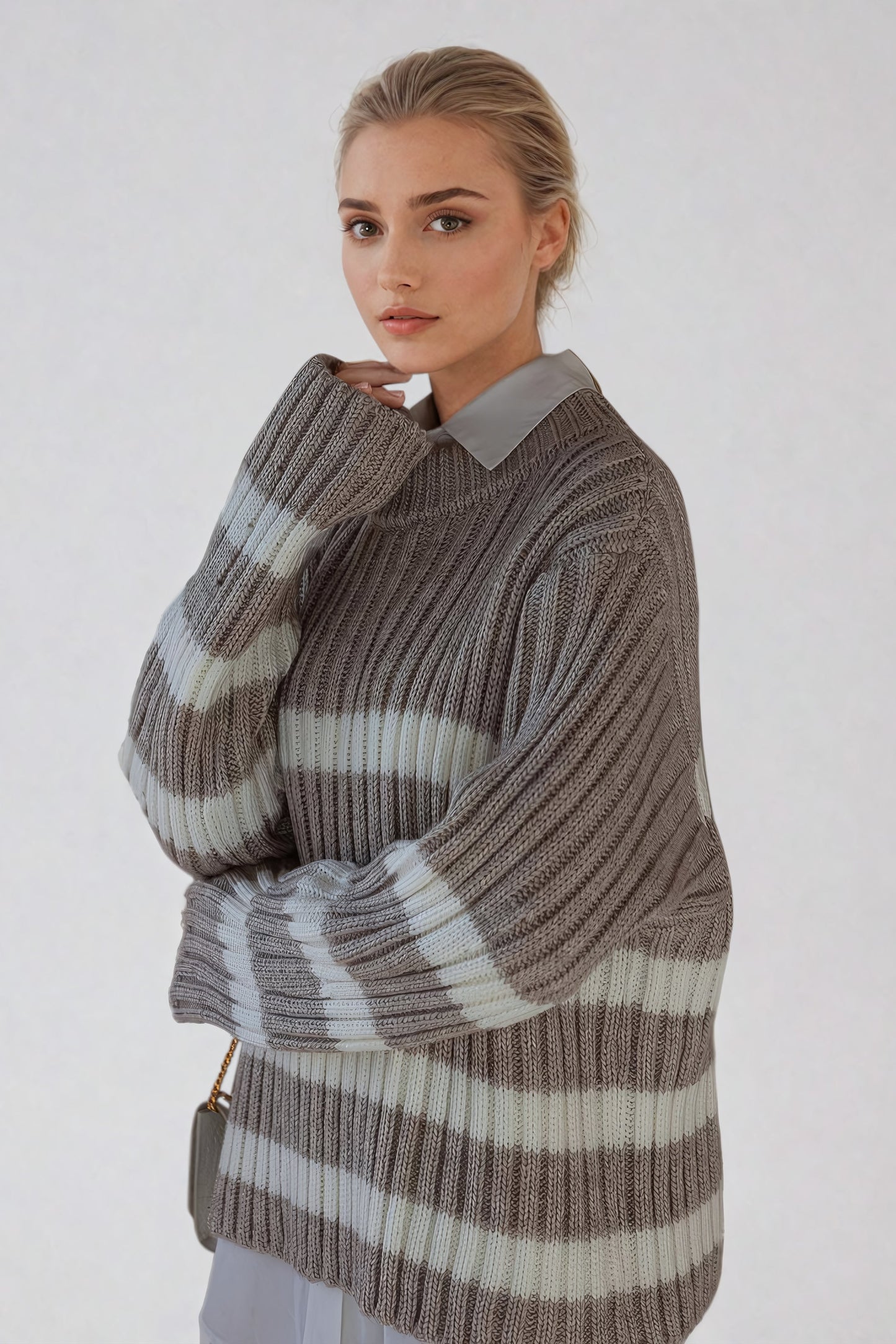 Striped Knit Sweater with Ribbed Design - Brown