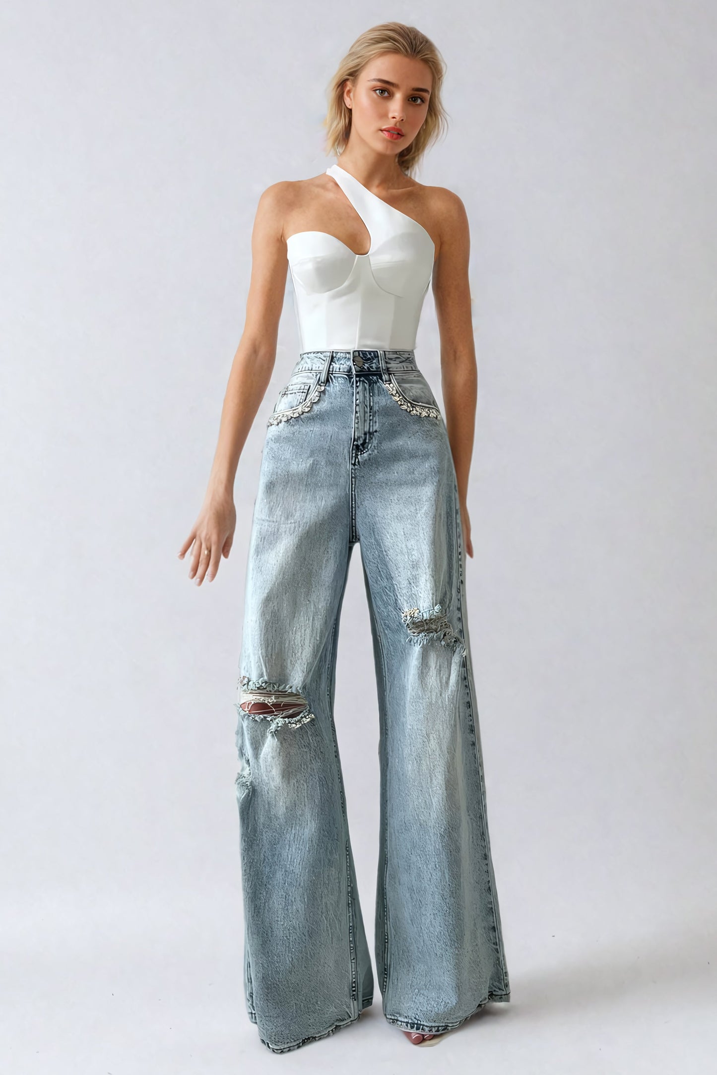 High-Waisted Distressed Wide-Leg Jeans with Embellished Details - Blue