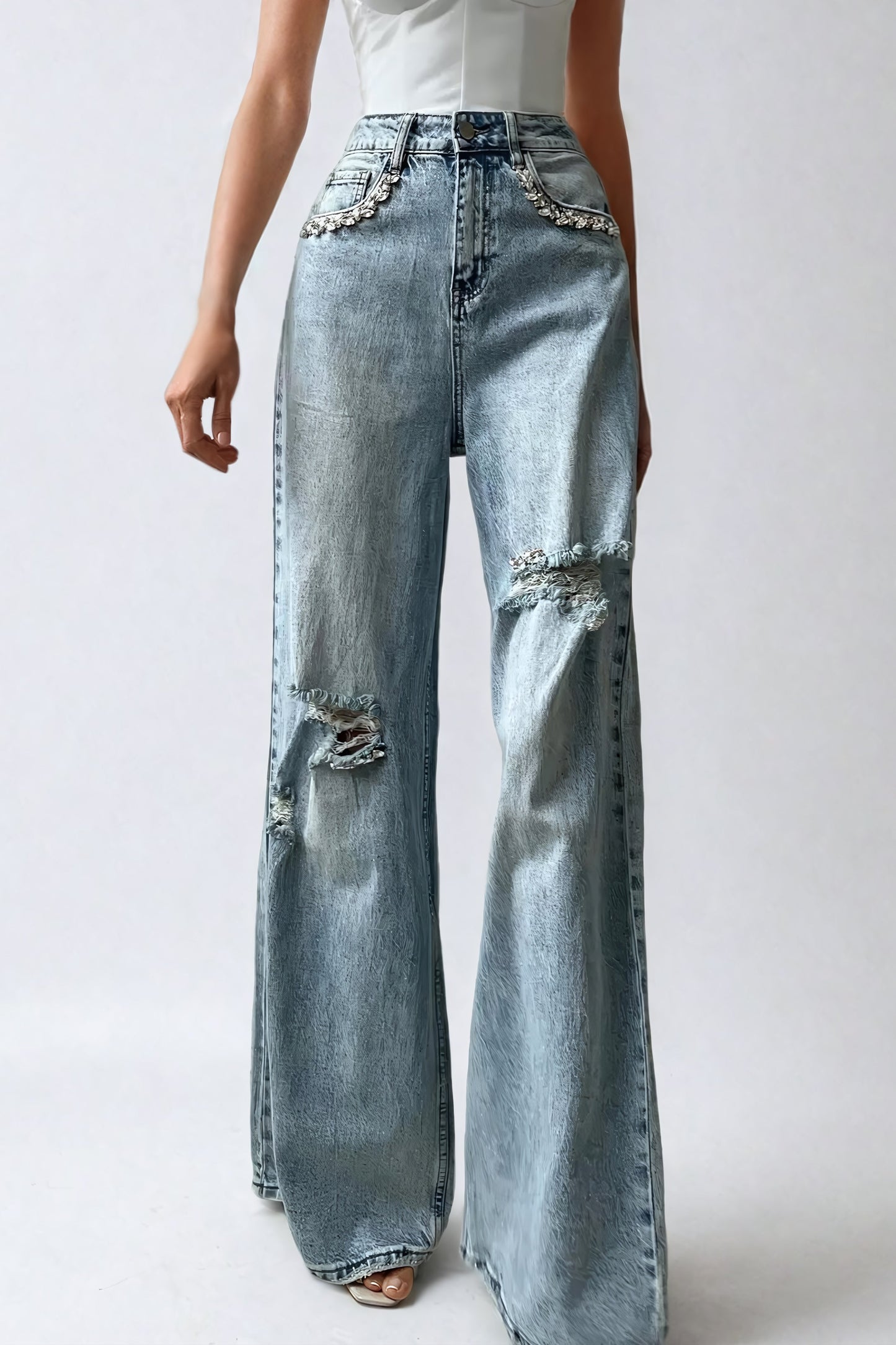 High-Waisted Distressed Wide-Leg Jeans with Embellished Details - Blue