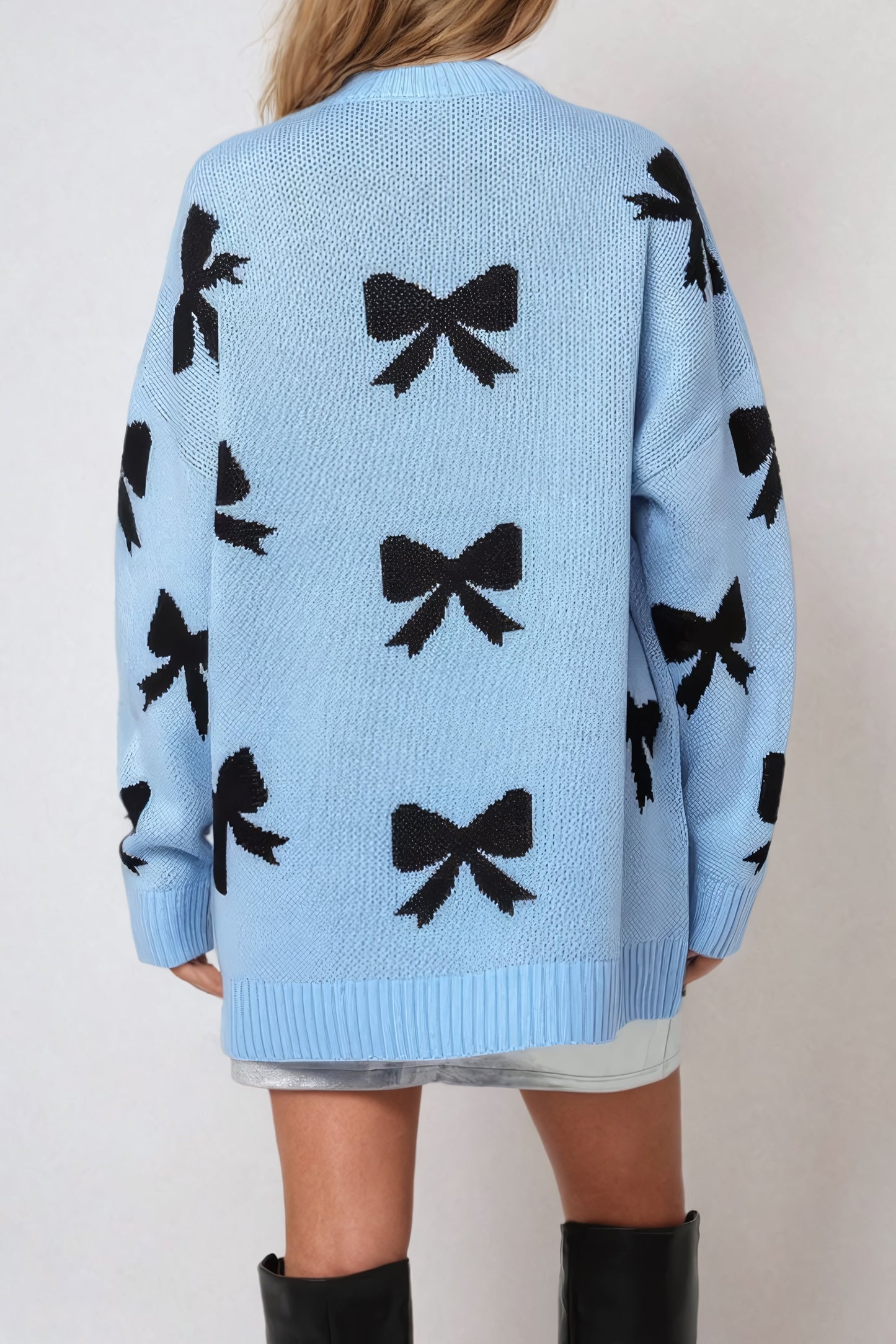 Oversized Bow-Pattern Sweater with Ribbed Crew Neckline - Blue