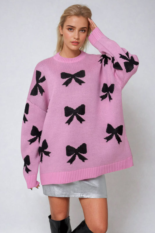 Oversized Bow-Pattern Sweater with Ribbed Crew Neckline - Pink