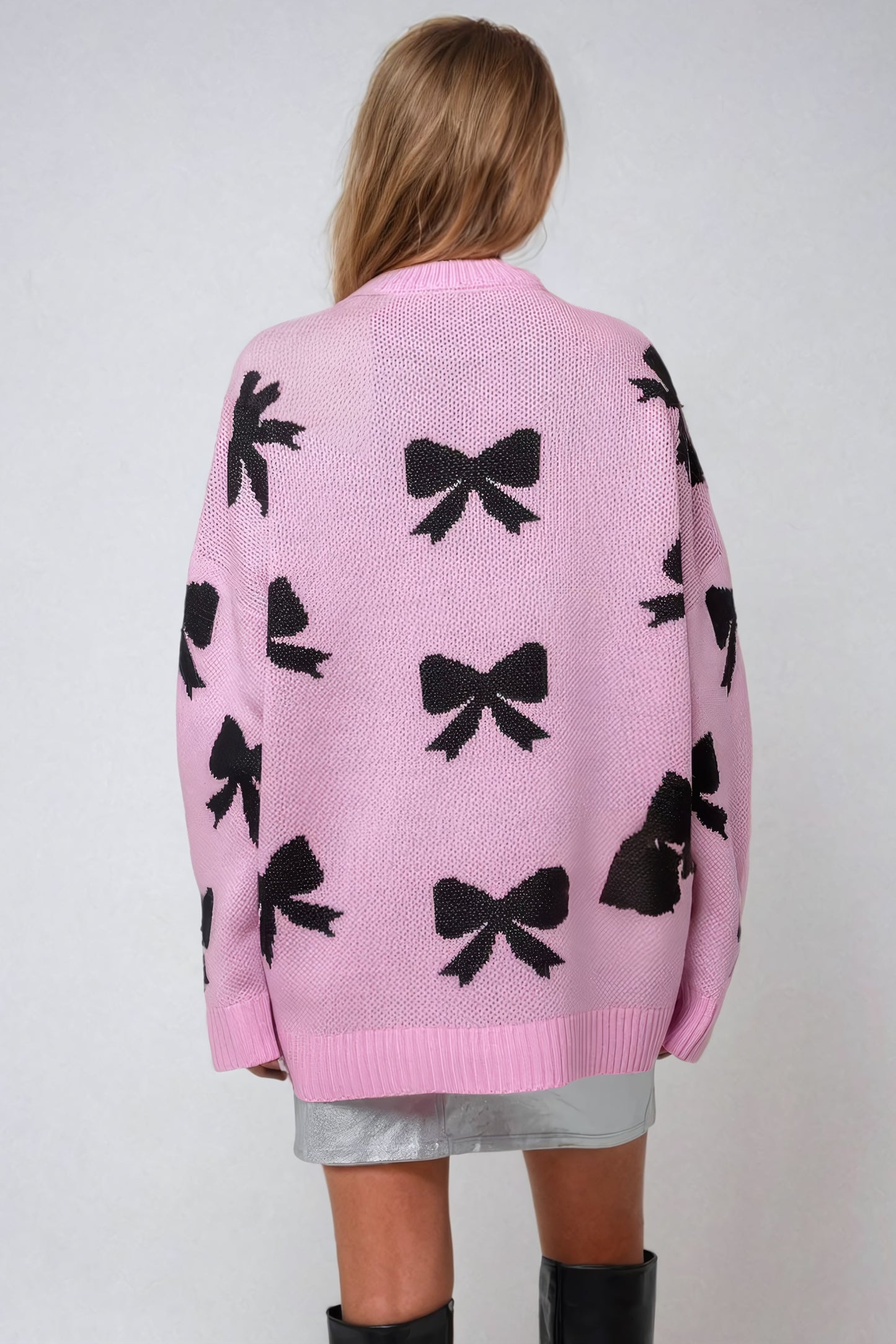 Oversized Bow-Pattern Sweater with Ribbed Crew Neckline - Pink