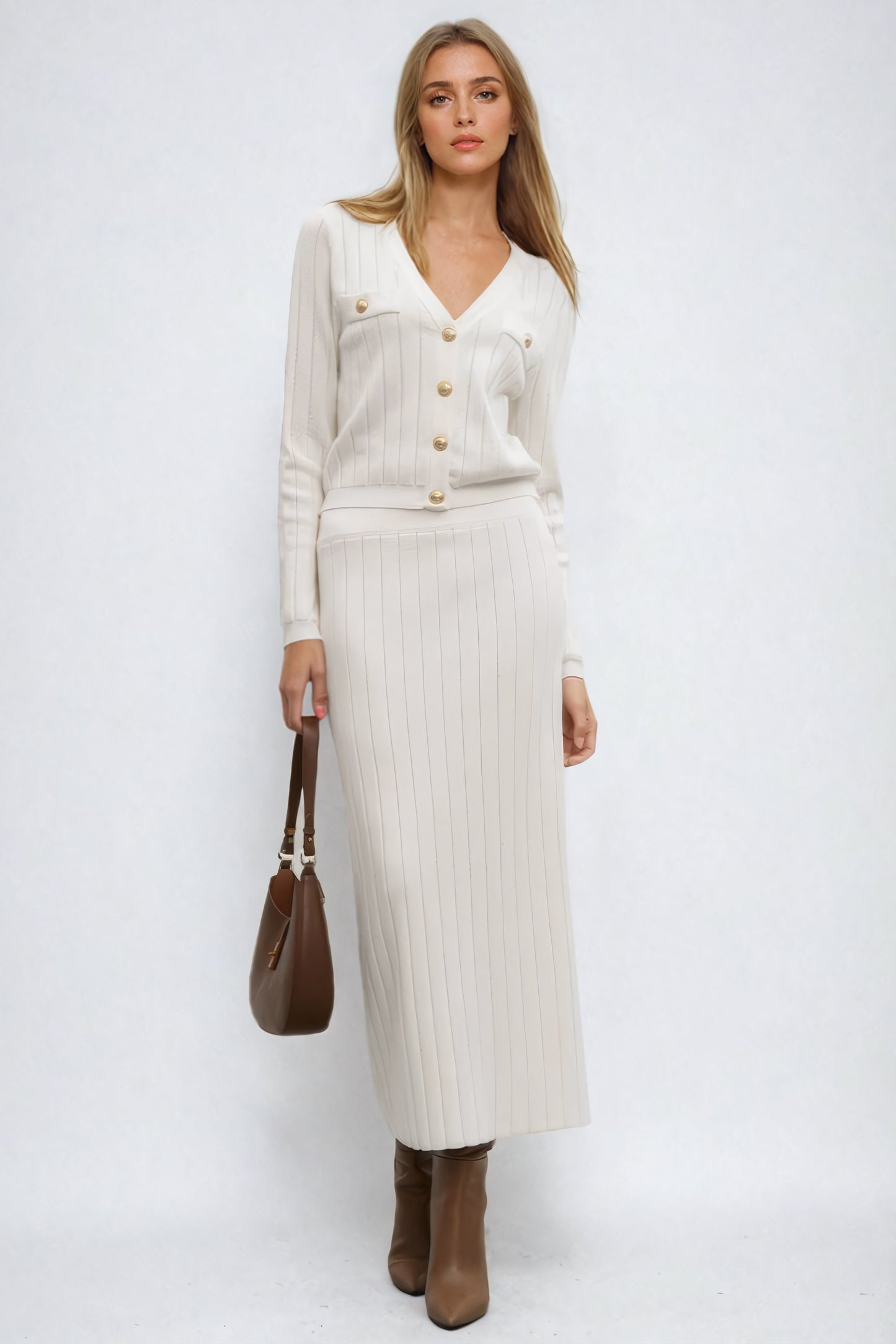 Two-Piece Set with Ribbed Button-Up Cardigan and Matching Skirt - White