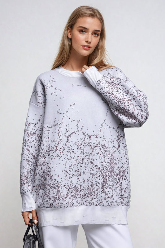 Knit Oversized Sweater with Tattered Accent - White