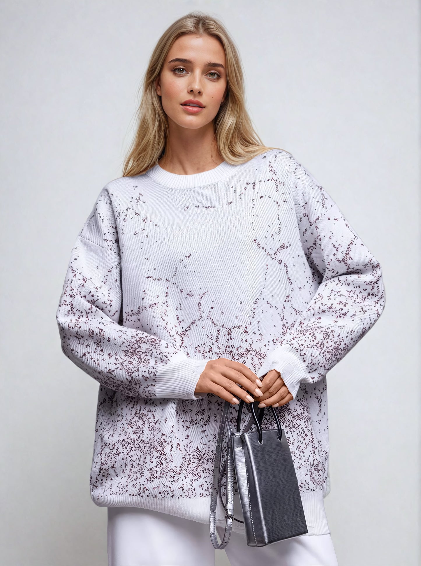 Knit Oversized Sweater with Tattered Accent - White