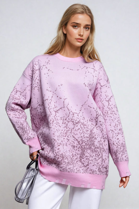 Knit Oversized Sweater with Tattered Accent - Pink