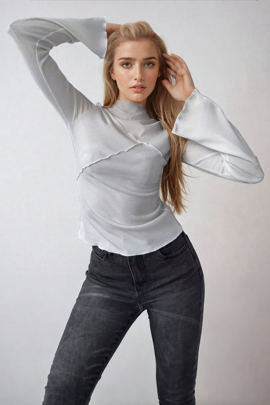 Ribbed Top with High Neckline - White