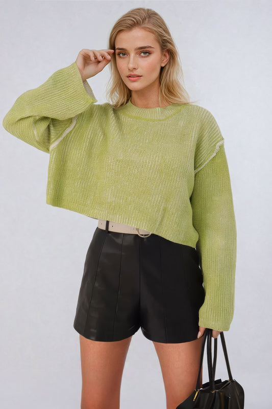 Cropped Knit Sweater with Oversized Sleeves - Green