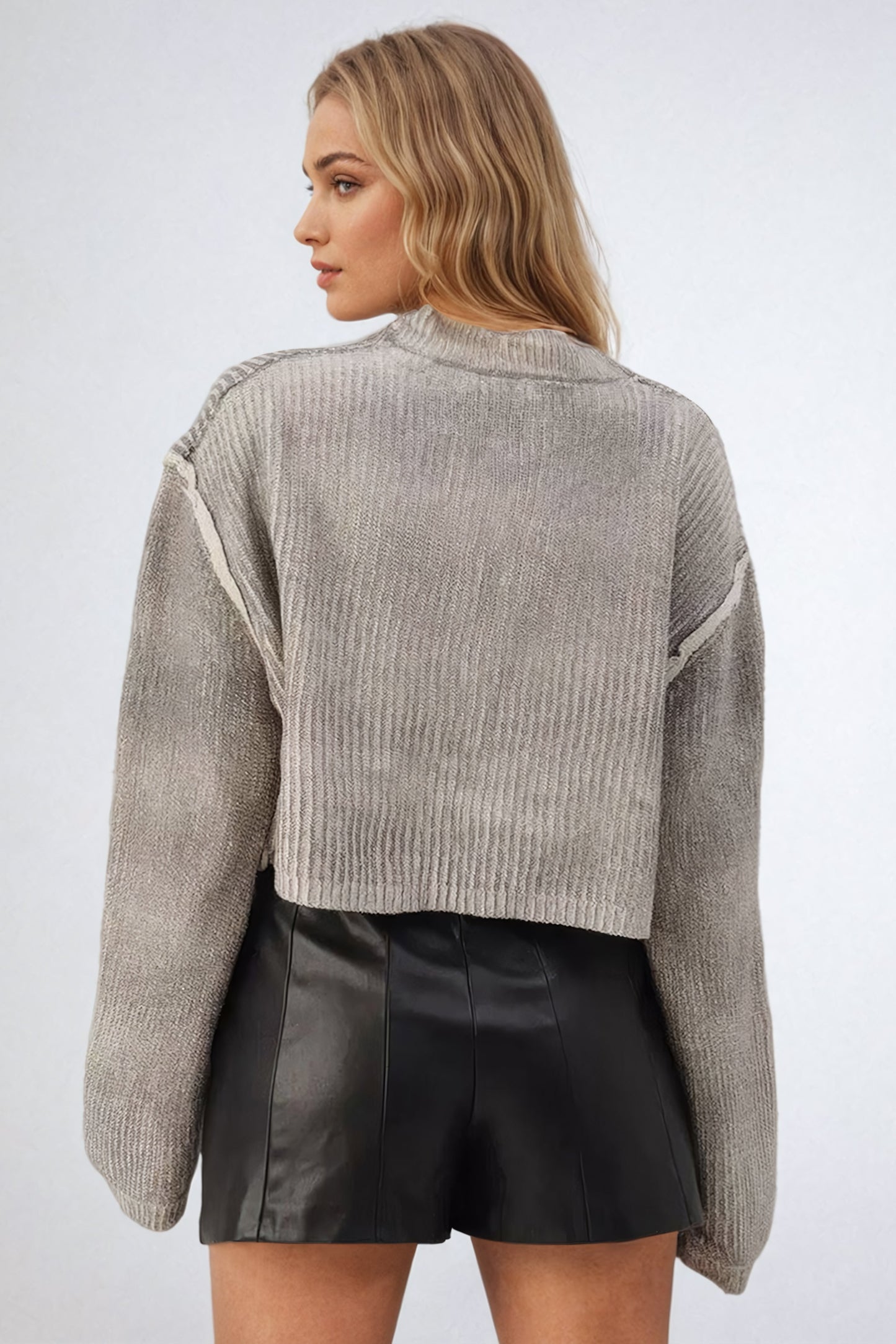 Cropped Knit Sweater with Oversized Sleeves - Gray