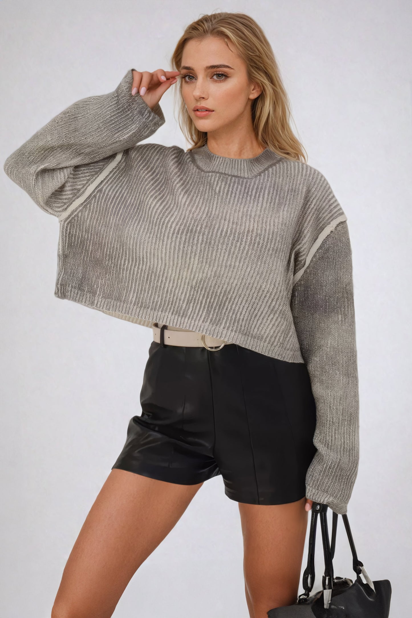 Cropped Knit Sweater with Oversized Sleeves - Gray