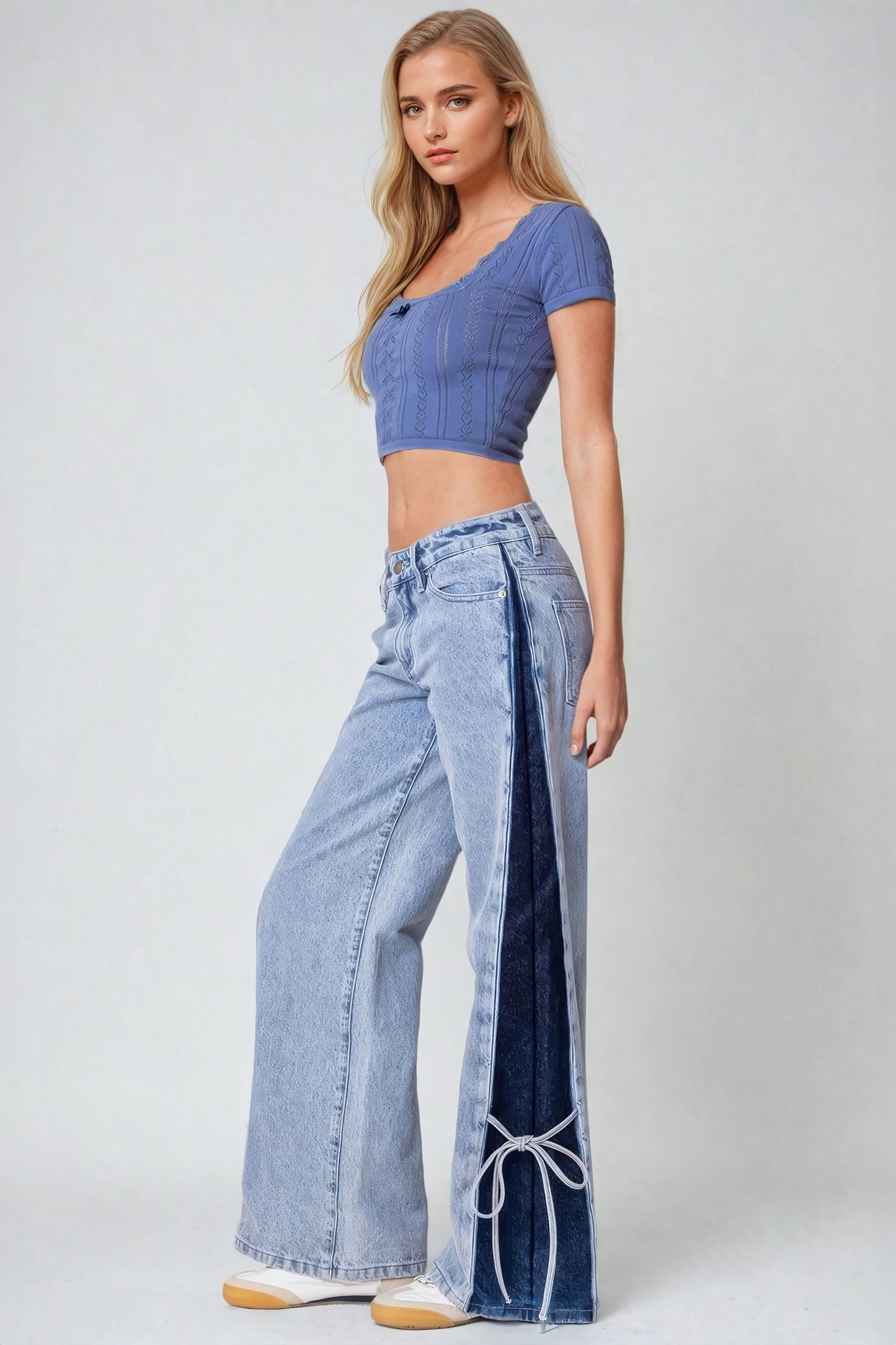 Wide-Leg Jeans with Side Ties Accent - Light Blue