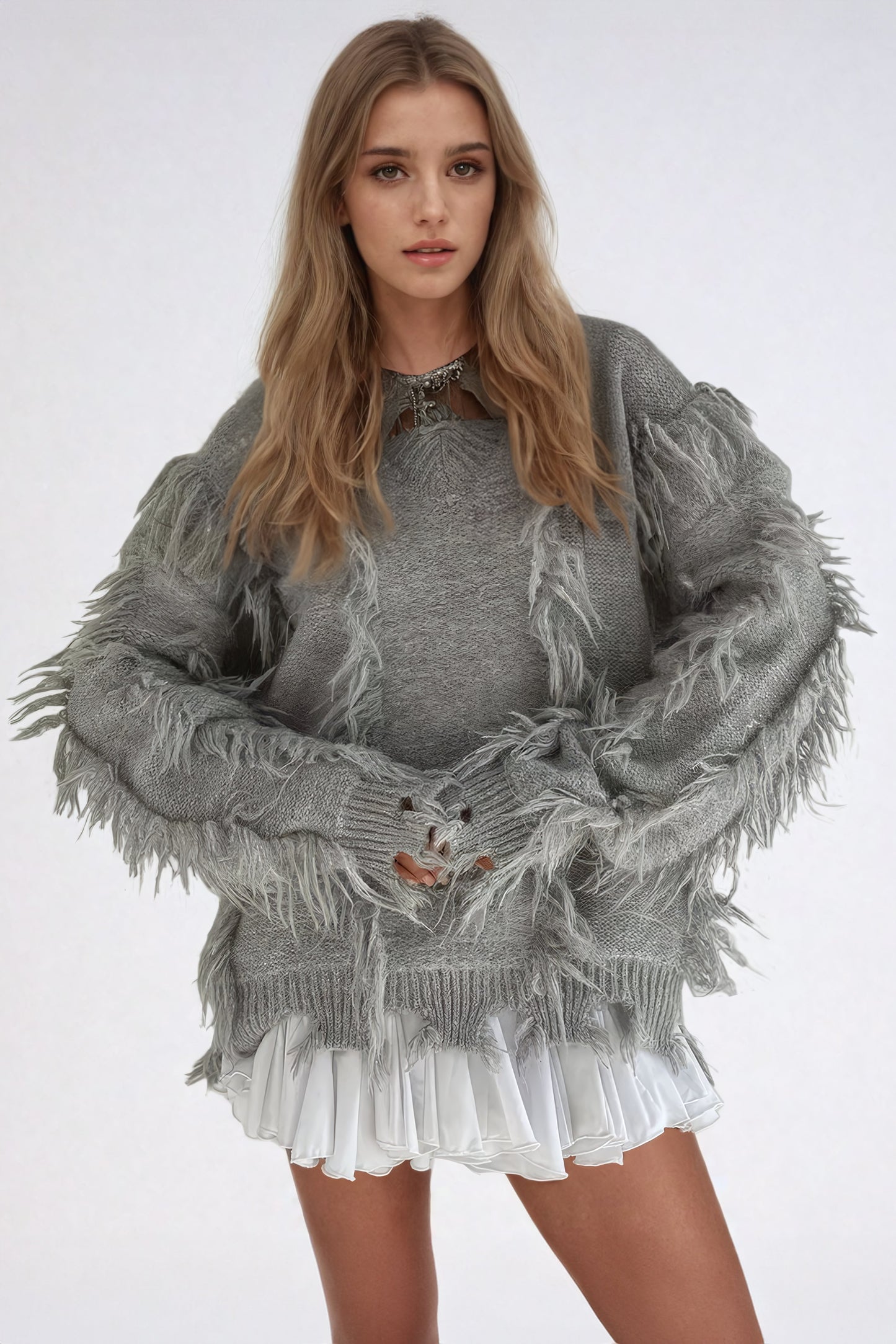 Textured Fringe-Detail Knit Sweater - Gray