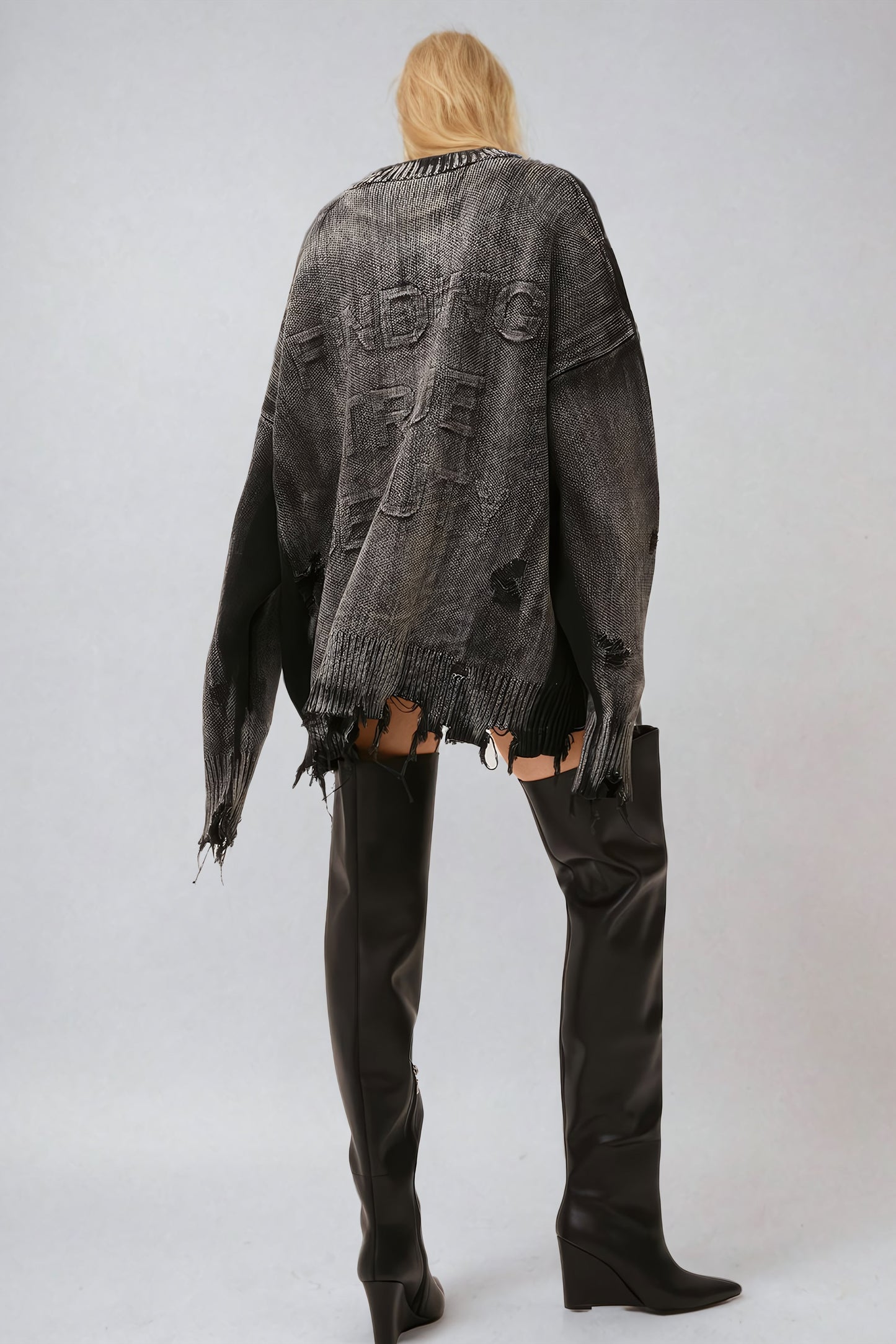 Oversized Distressed Knit Sweater with Ribbed Crew Neckline - Dark Gray