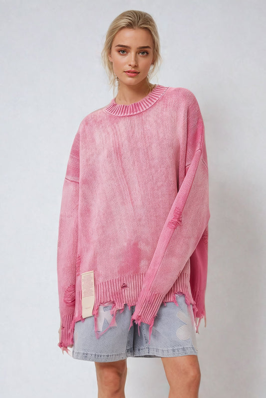 Oversized Distressed Knit Sweater with Ribbed Crew Neckline - Pink