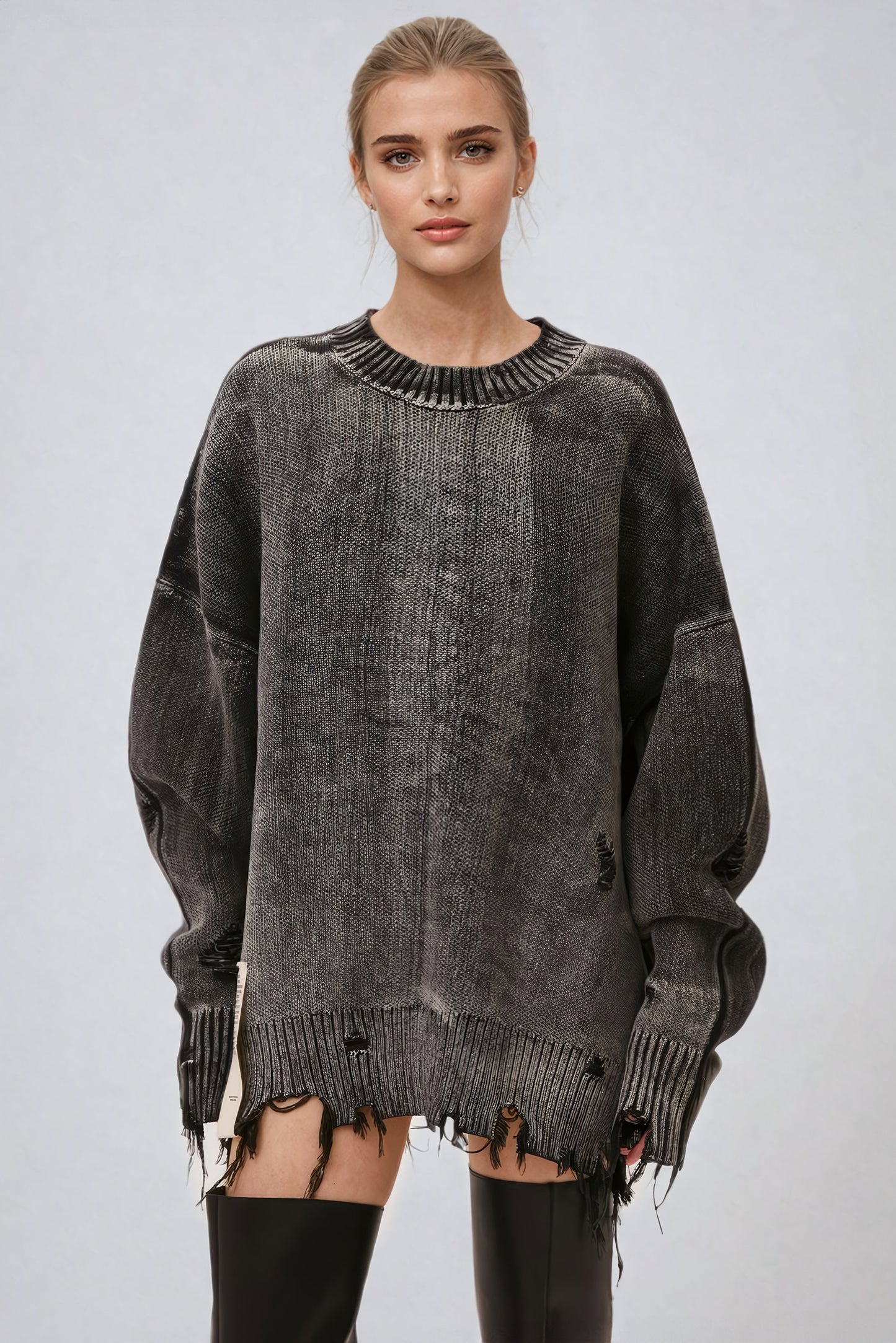 Oversized Distressed Knit Sweater with Ribbed Crew Neckline - Dark Gray