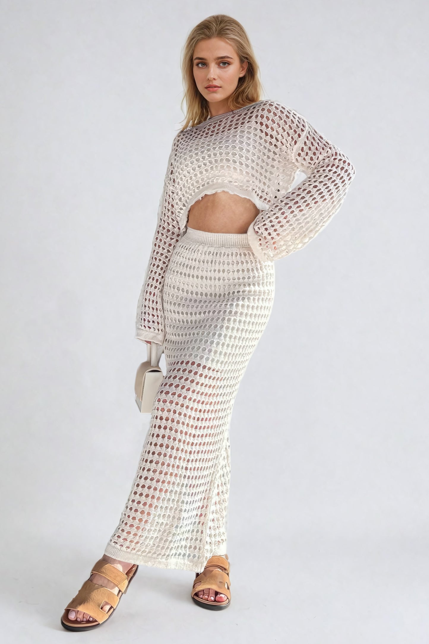 Two-Piece Set with Open Knit Long-Sleeved Top and Maxi Skirt - Beige