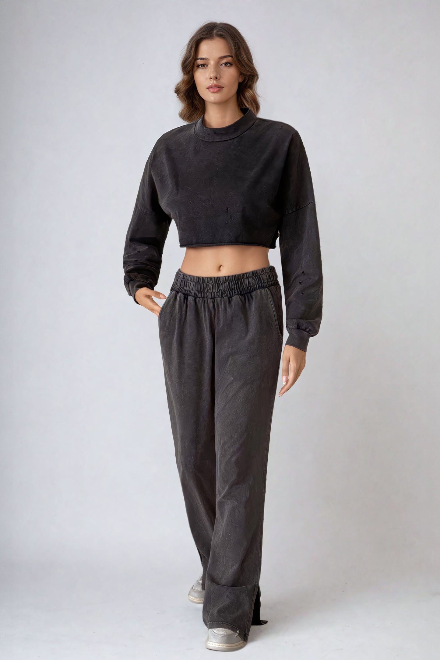 High Neck Cropped Sweatshirt and Elastic-Waist Trousers Co-Ord Set - Black