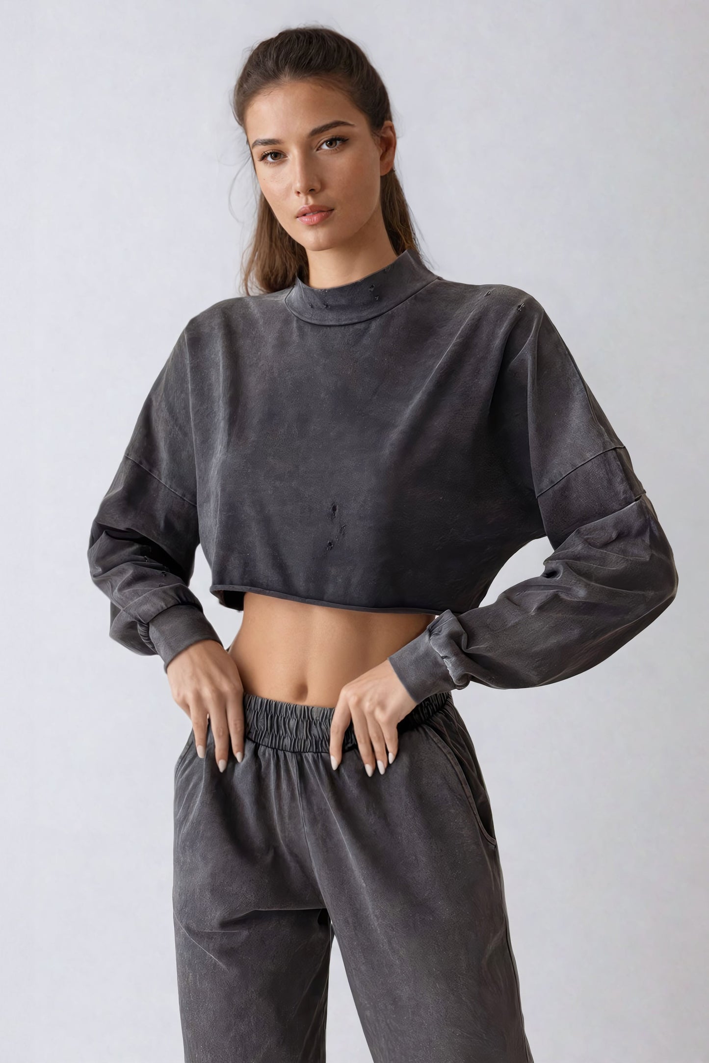 High Neck Cropped Sweatshirt and Elastic-Waist Trousers Co-Ord Set - Black