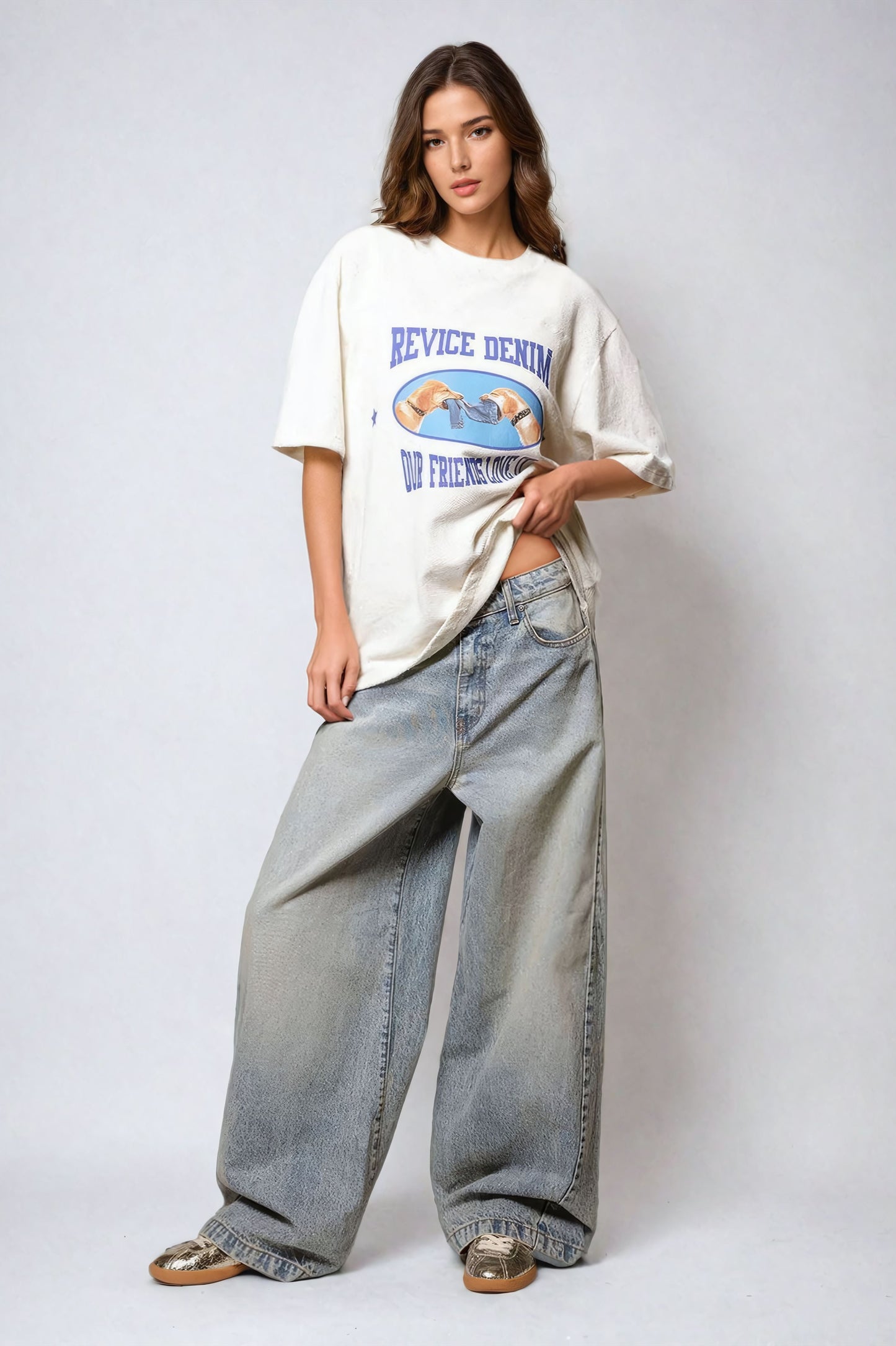 Wide-Leg Jeans with Faded Wash - Light Blue