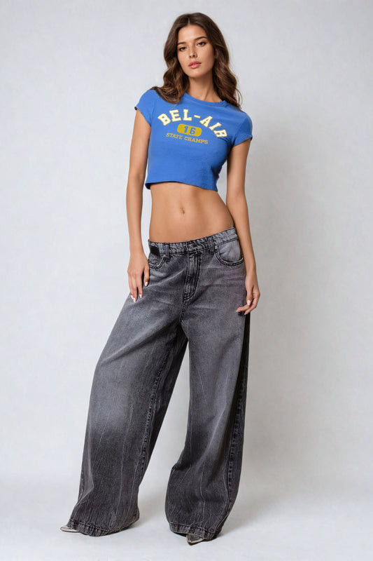 Wide-Leg Jeans with Faded Wash - Dark Gray